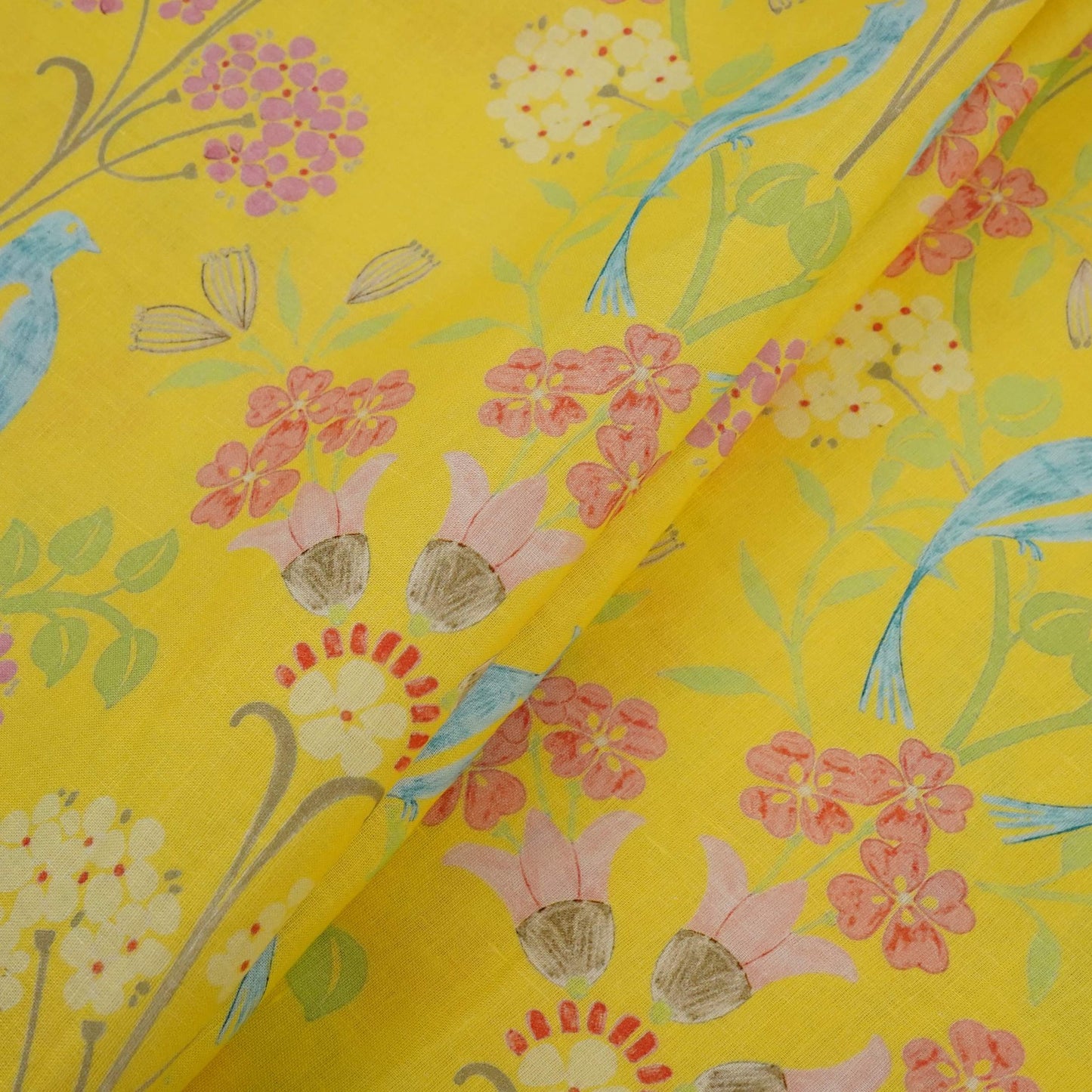 Lemon Yellow Tropical Floral print 40s Pure Linen Fabric VF-31354