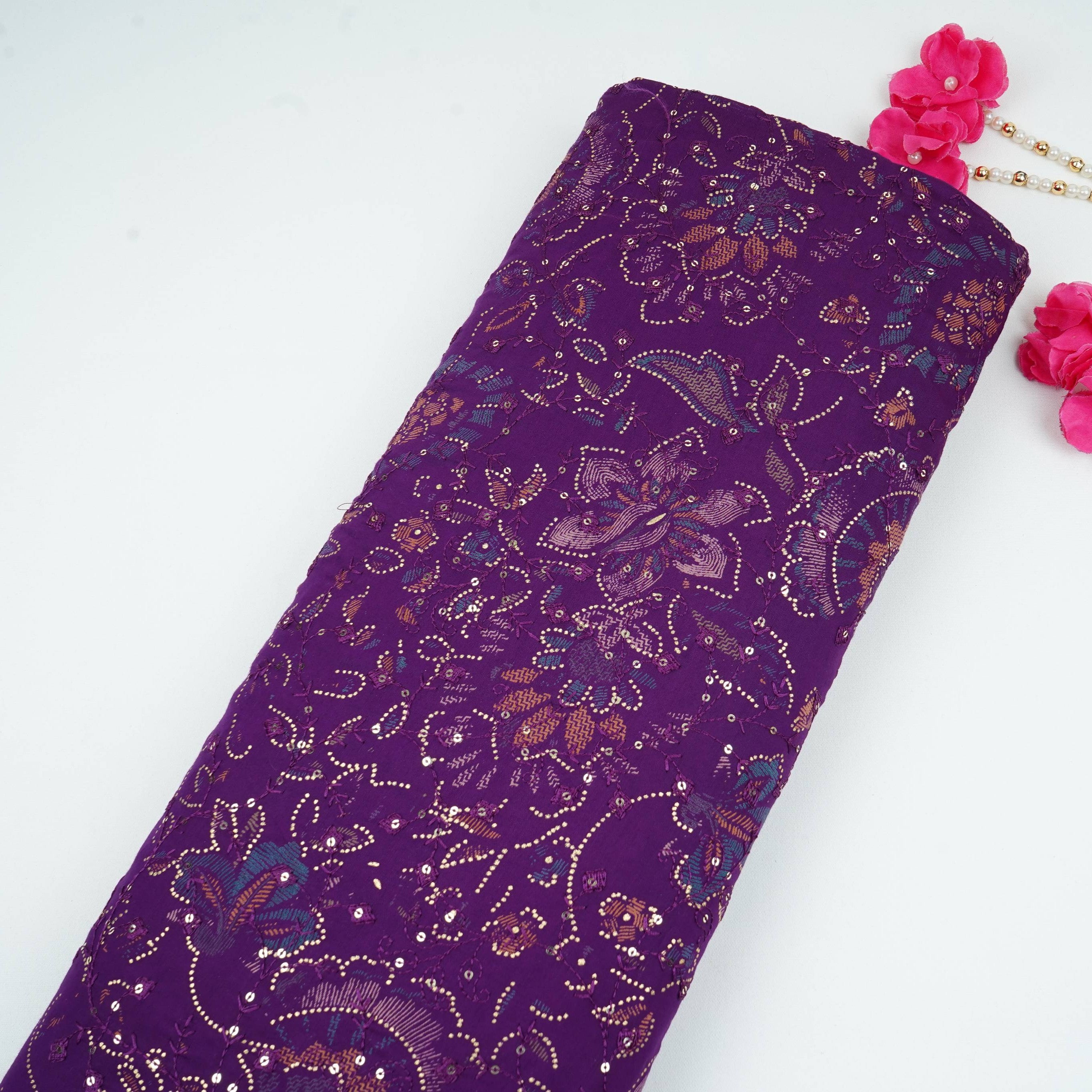 Purple Foil floral embroidery Eri Cotton Silk Fabric MTFG-31057 - TradeUNO