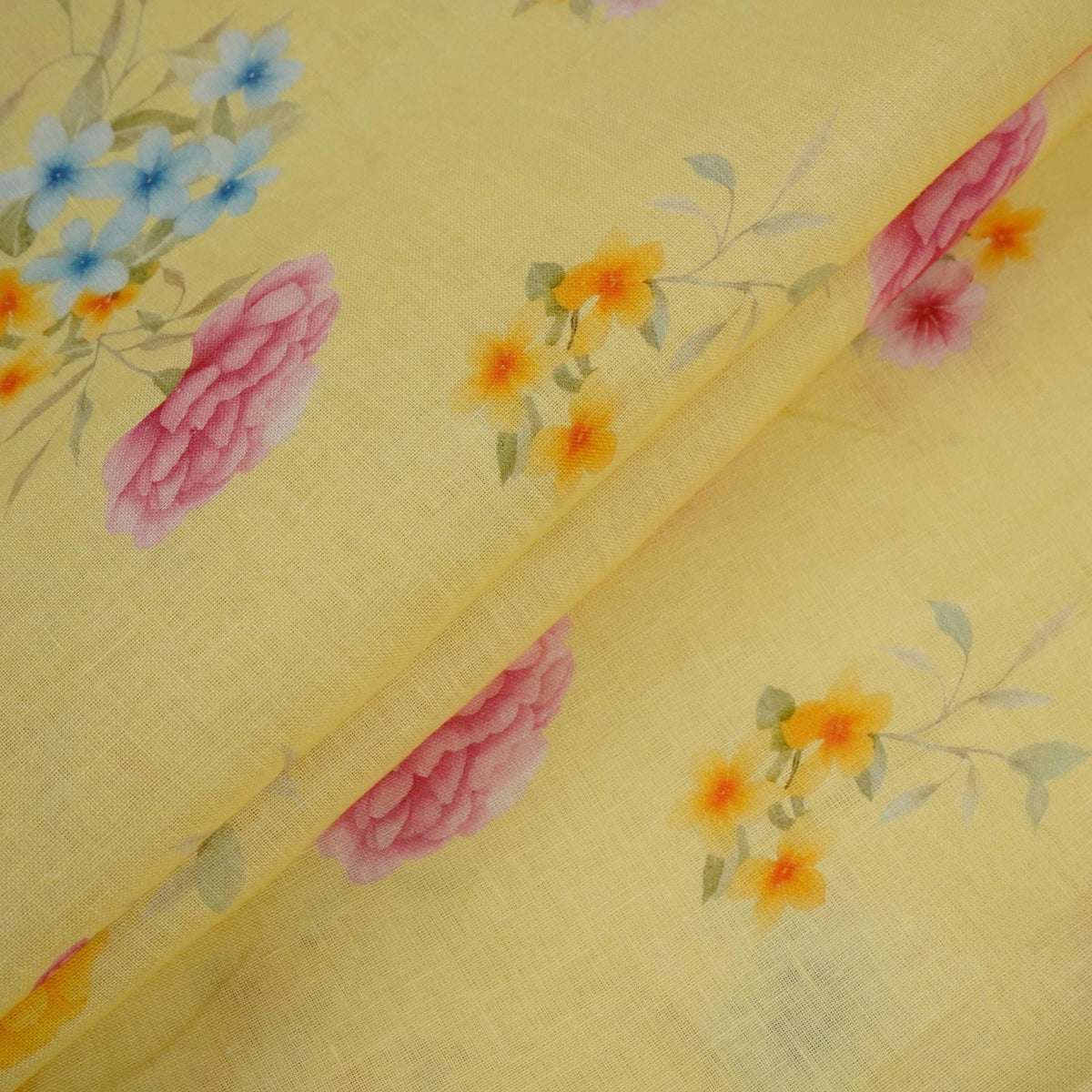 Butter Yellow floral print 40s Pure Linen Fabric VF-31349 - TradeUNO