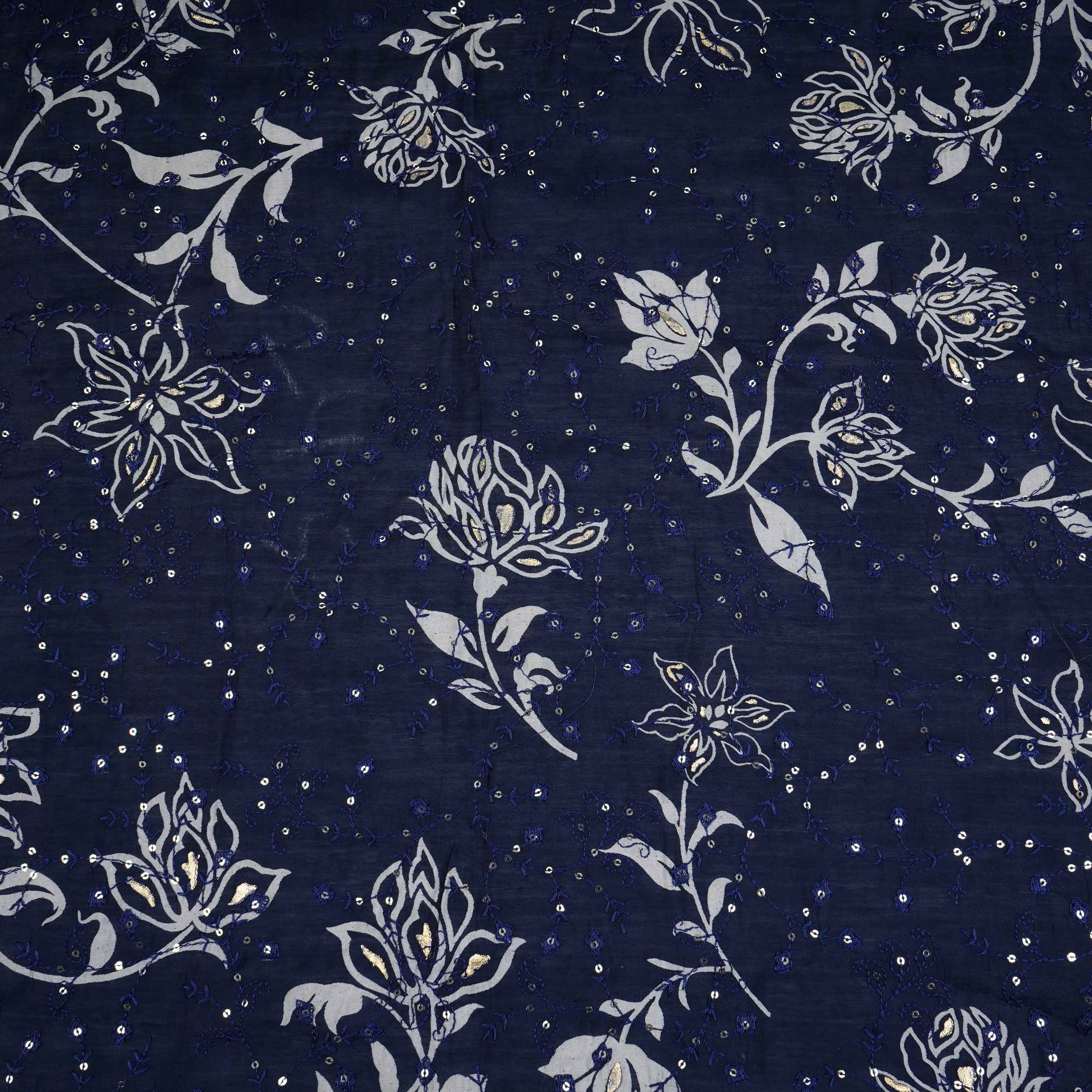 Navy Blue Foil floral embroidery Eri Cotton Silk Fabric MTFG-31058 - TradeUNO