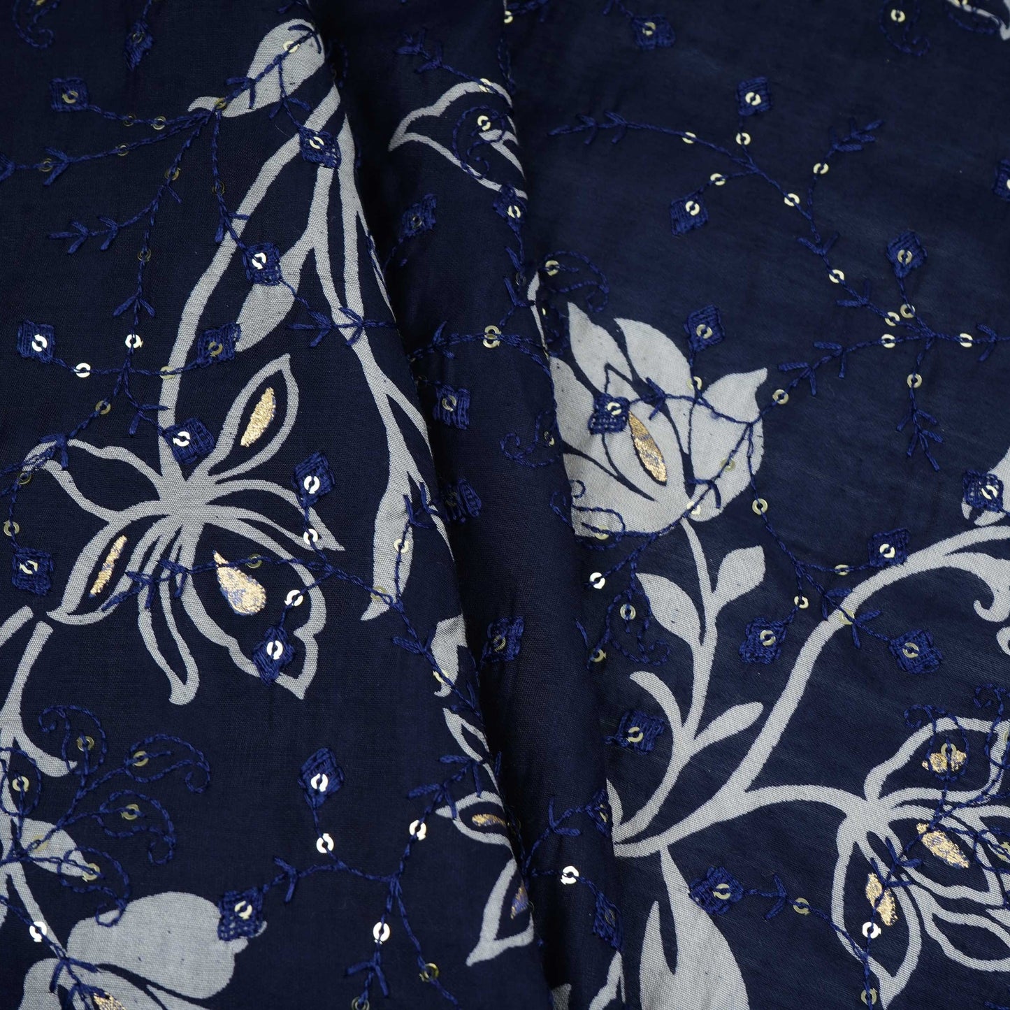 Navy Blue Foil floral embroidery Eri Cotton Silk Fabric MTFG-31058