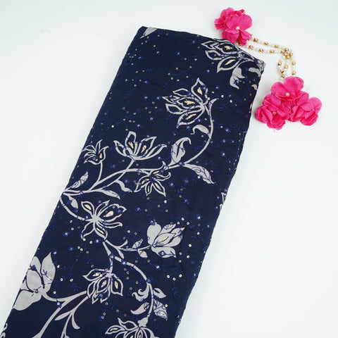 Navy Blue Foil floral embroidery Eri Cotton Silk Fabric MTFG-31058