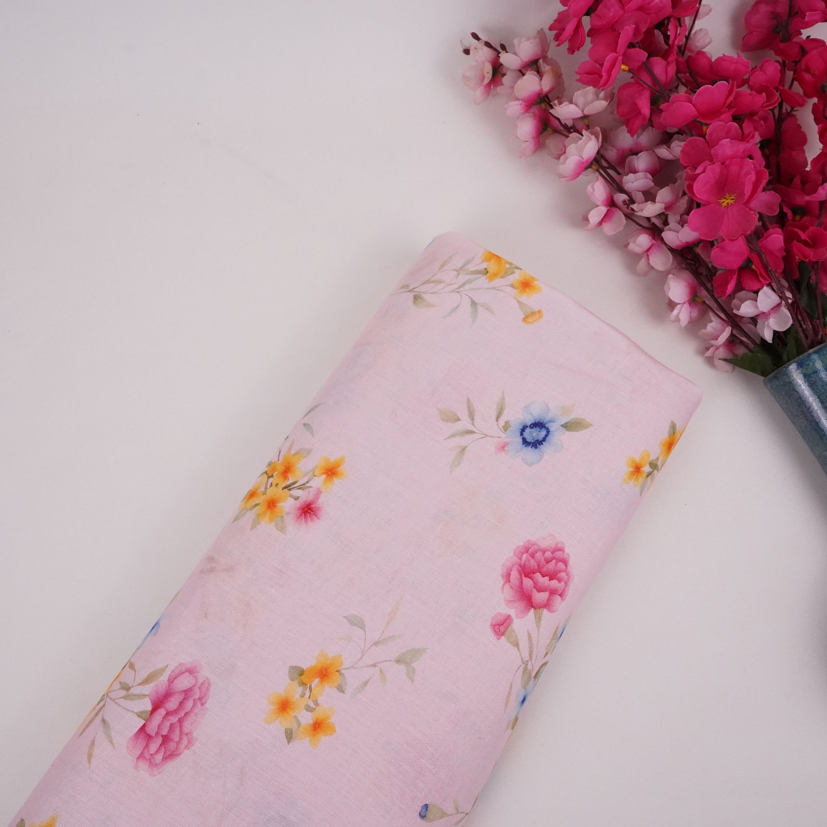 Light Pink floral print 40s Pure Linen Fabric VF-31347 - TradeUNO