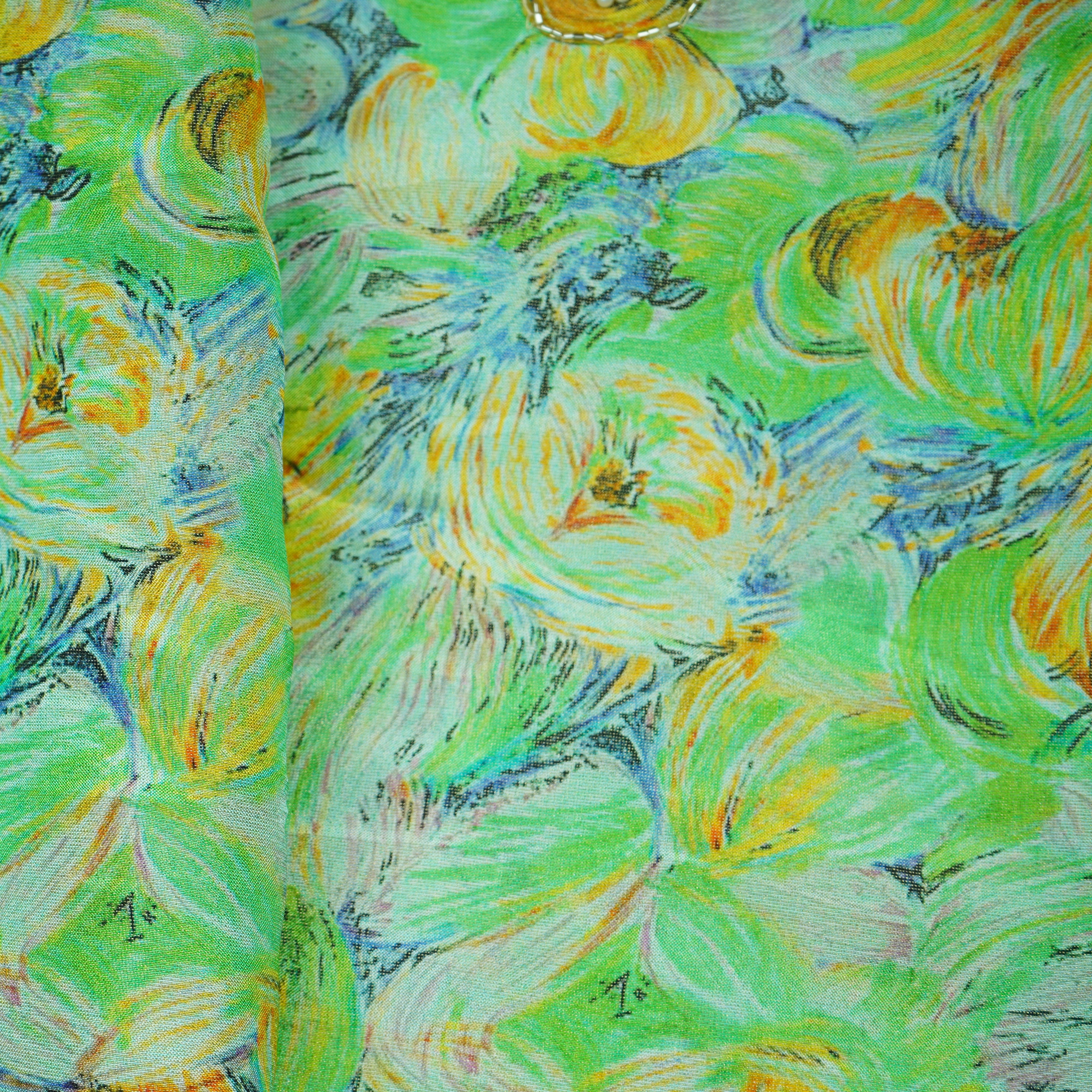 Light Green Cutdana & Pearl Floral Print Pure Tissue Fabric 21280