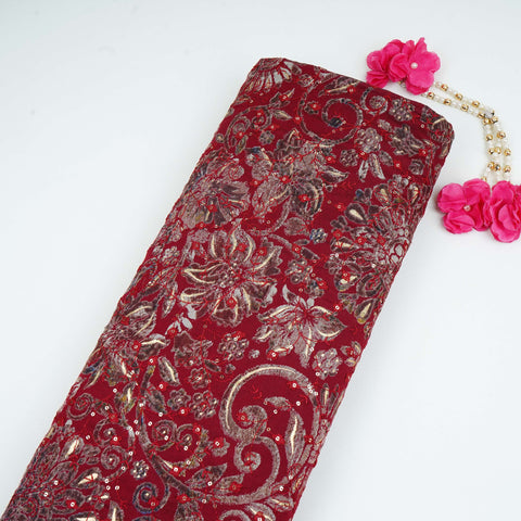 Maroon Foil floral embroidery Eri Cotton Silk Fabric MTFG-31062