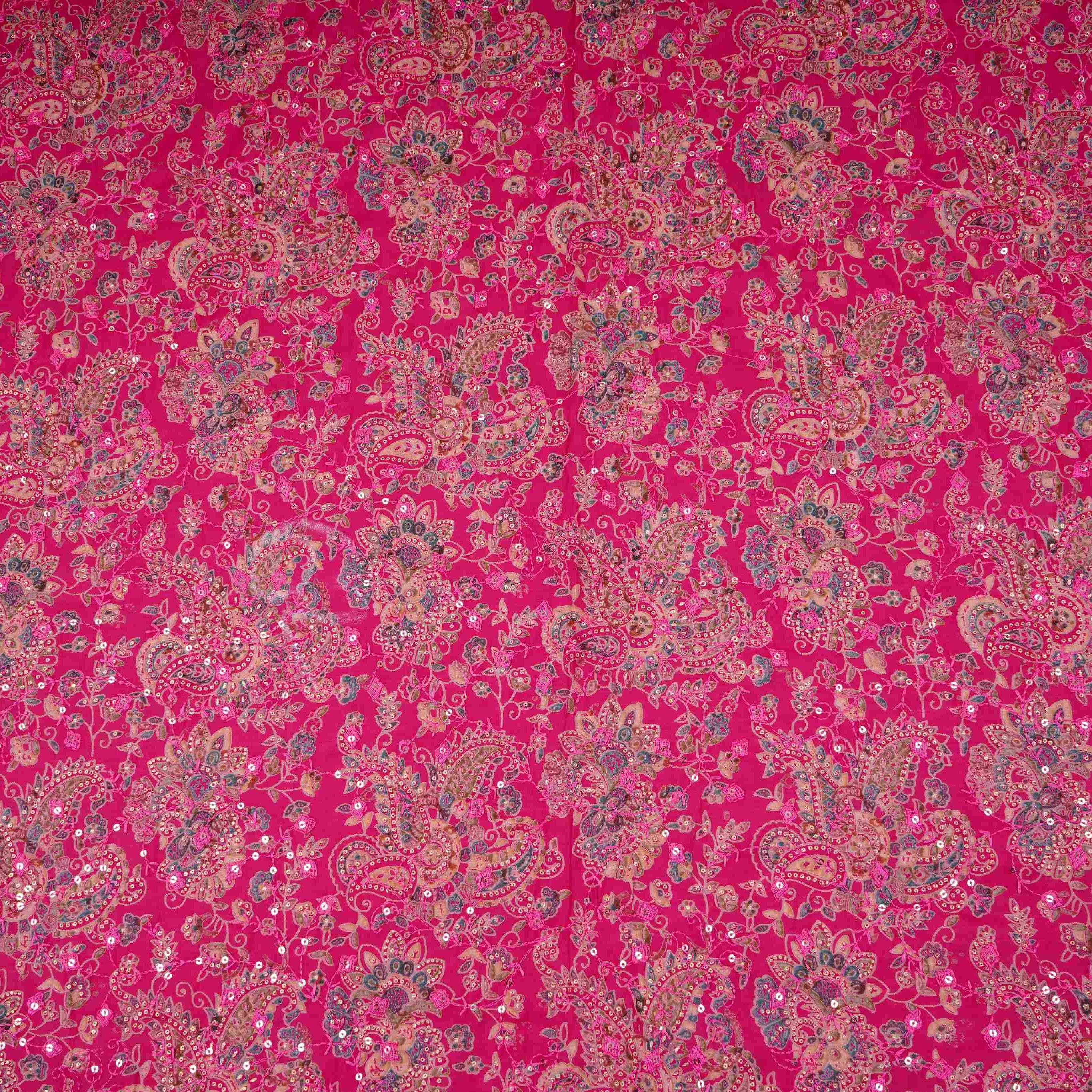Magenta Pink Foil floral embroidery Eri Cotton Silk Fabric MTFG-31056 - TradeUNO