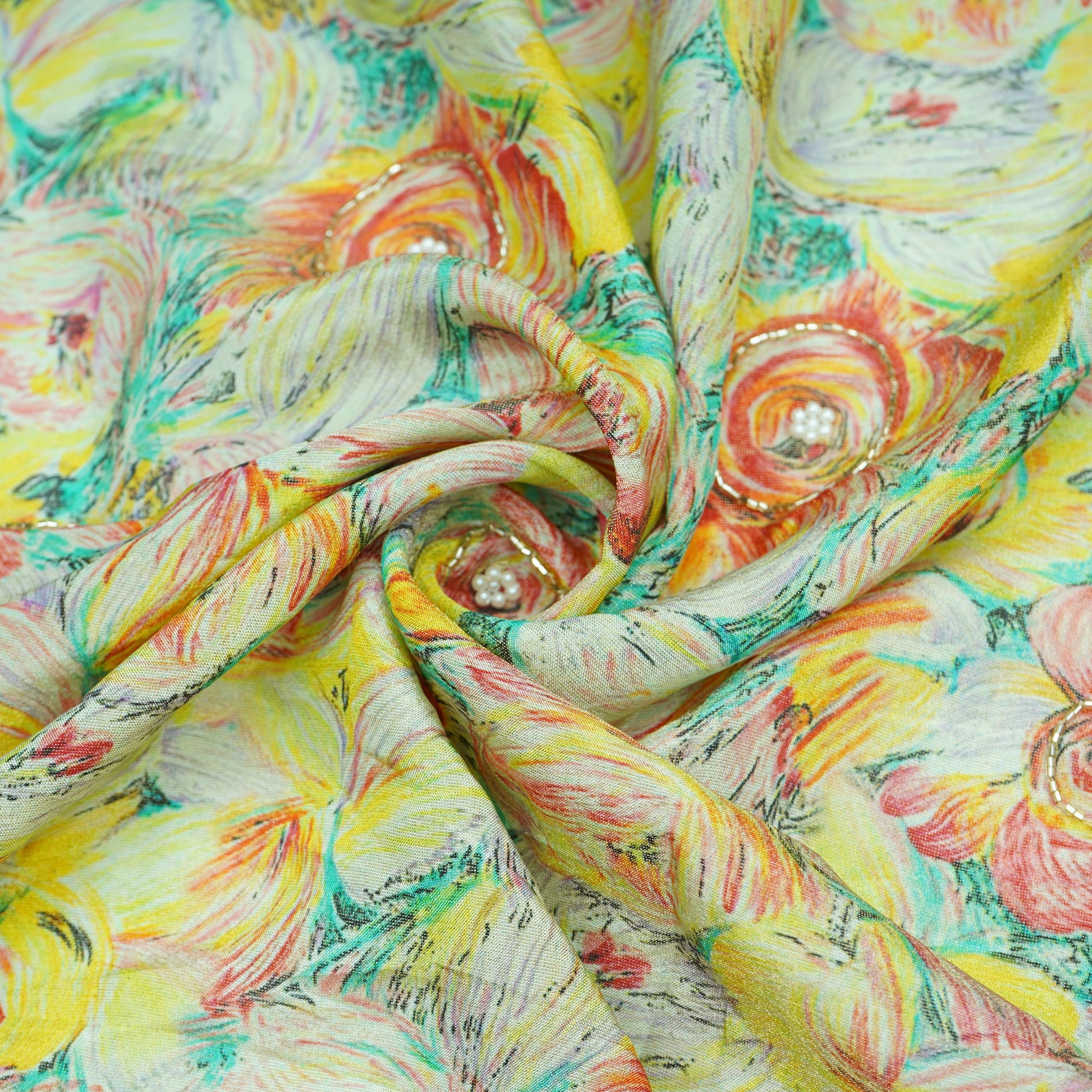 Yellow Cutdana & Pearl Floral Print Pure Tissue Fabric 21278