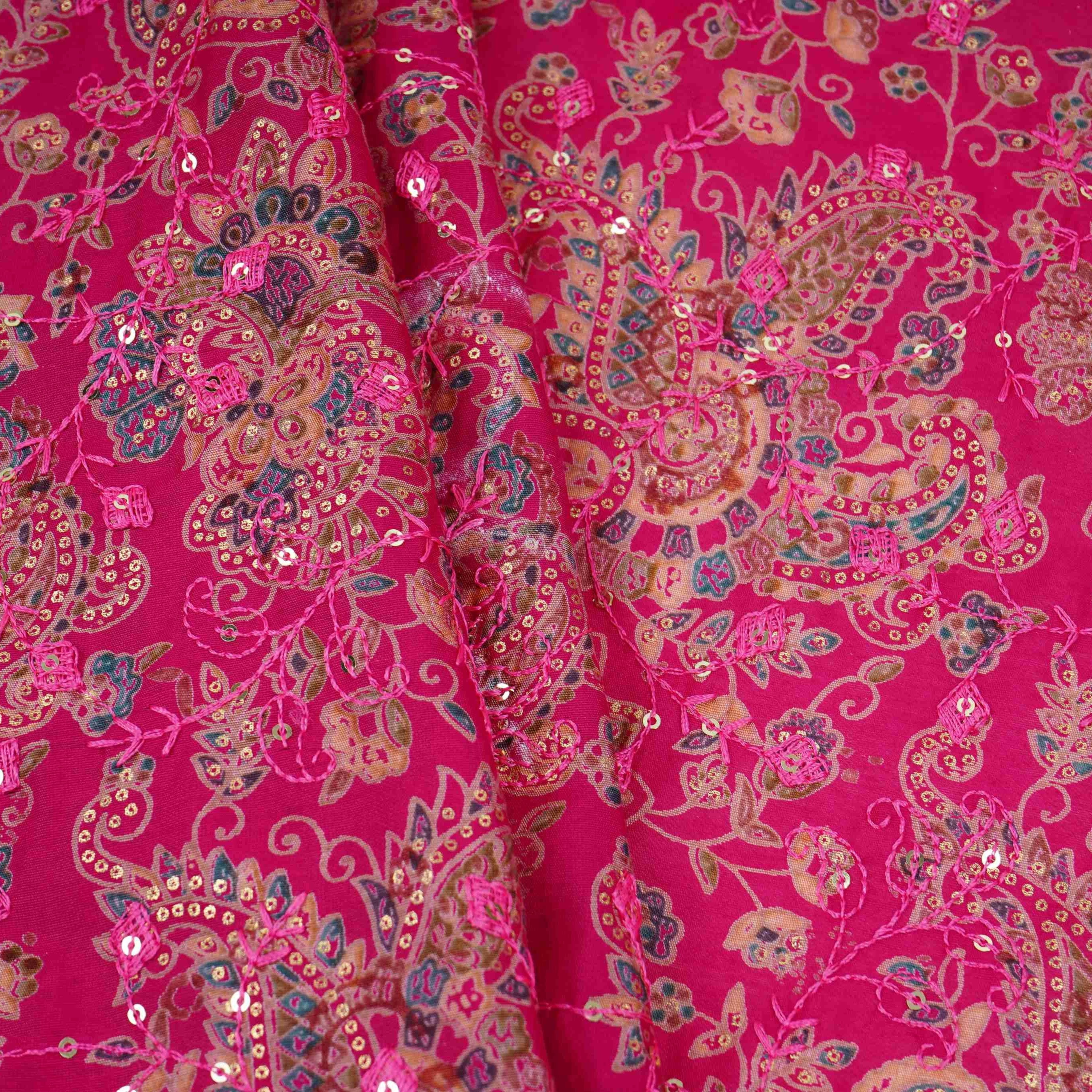 Magenta Pink Foil floral embroidery Eri Cotton Silk Fabric MTFG-31056 - TradeUNO
