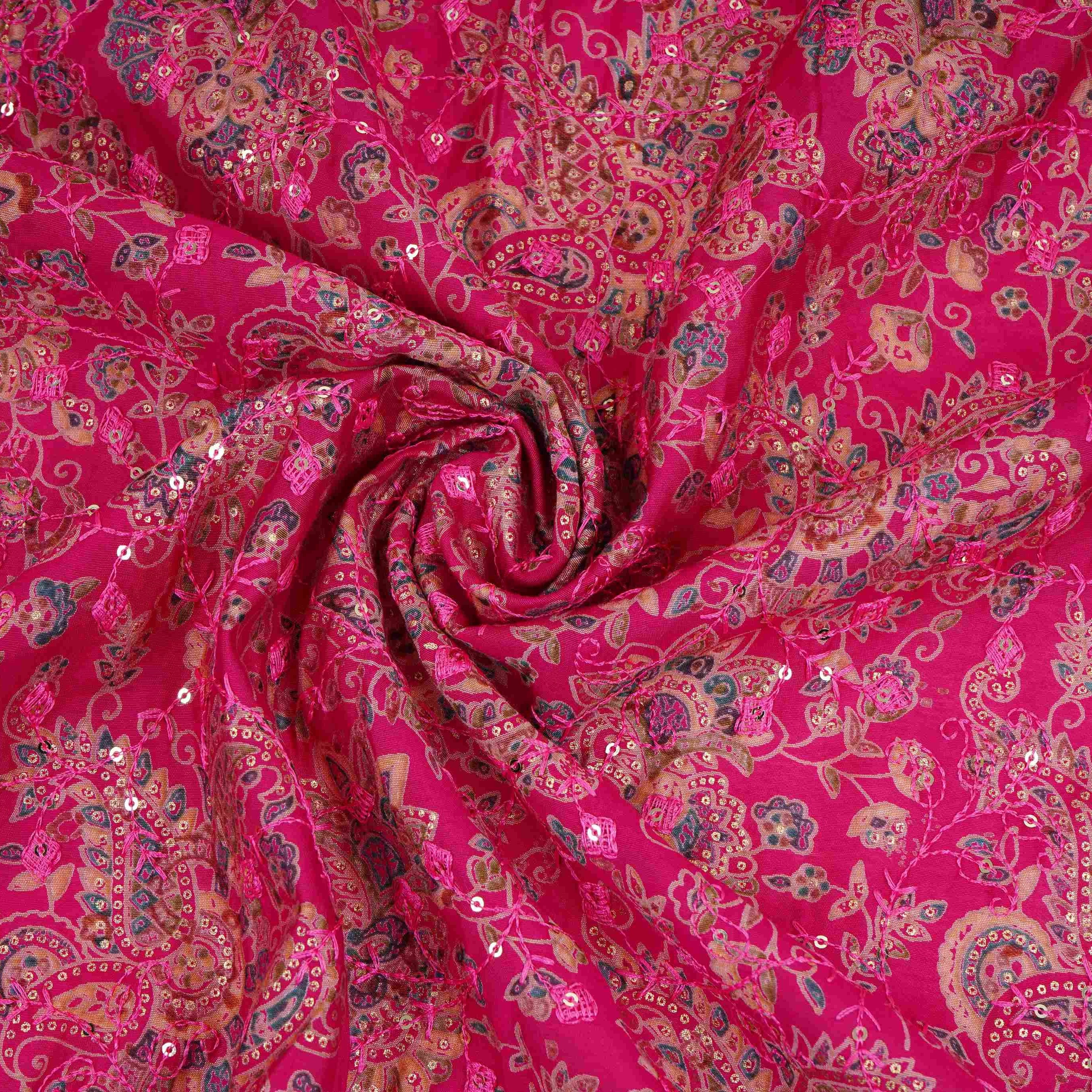 Magenta Pink Foil floral embroidery Eri Cotton Silk Fabric MTFG-31056 - TradeUNO