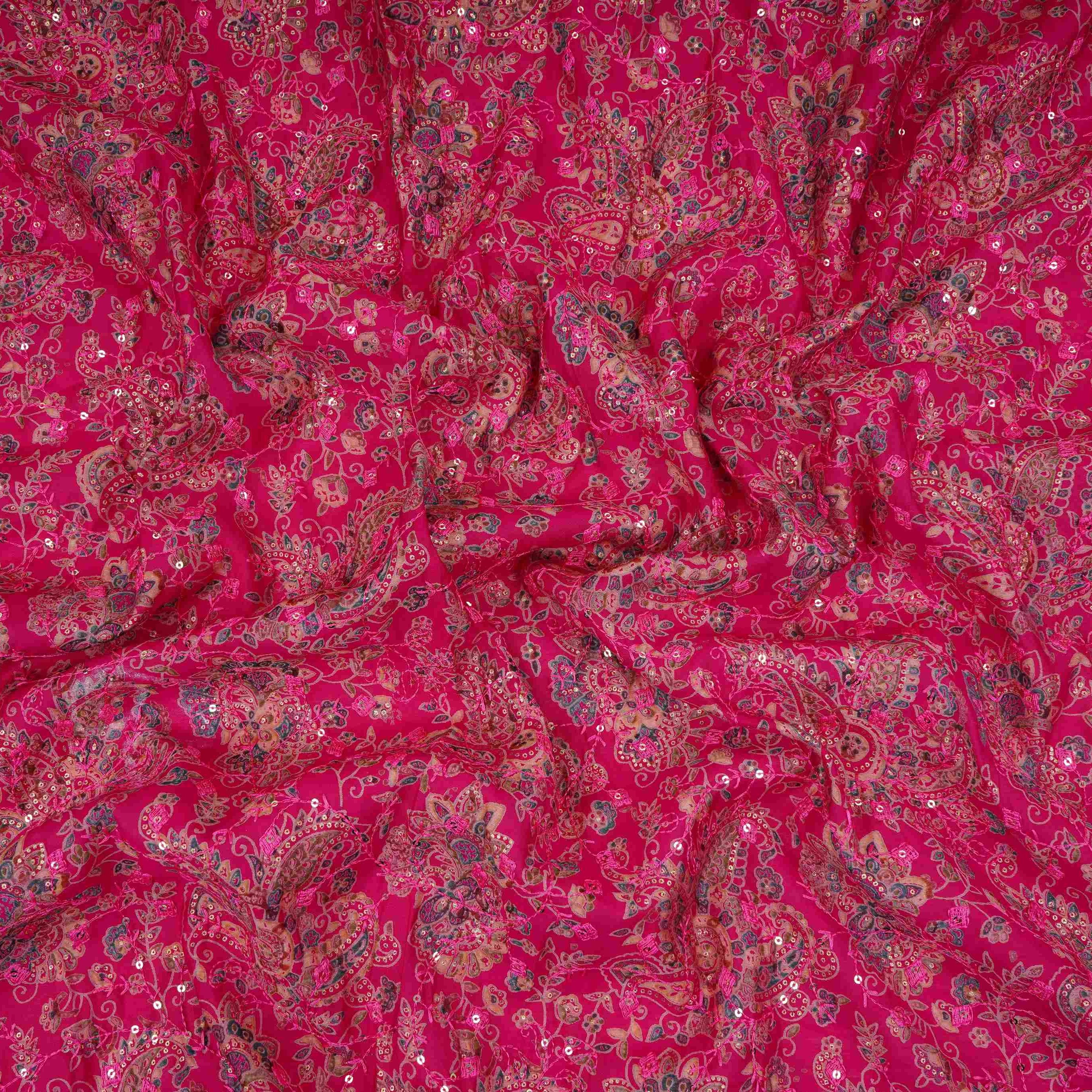 Magenta Pink Foil floral embroidery Eri Cotton Silk Fabric MTFG-31056 - TradeUNO