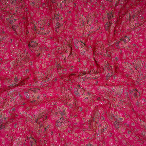 Magenta Pink Foil floral embroidery Eri Cotton Silk Fabric MTFG-31056 - TradeUNO