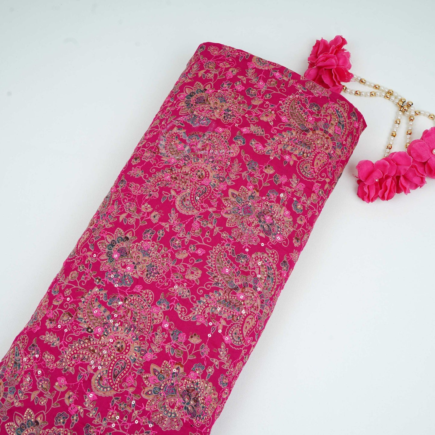 Magenta Pink Foil floral embroidery Eri Cotton Silk Fabric MTFG-31056