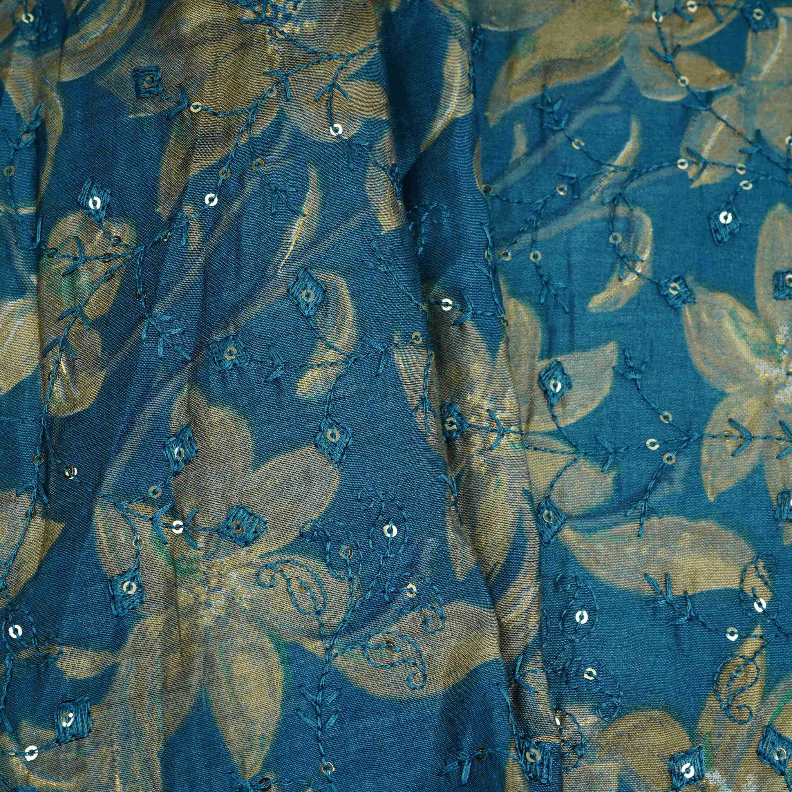 Teal Blue Foil floral embroidery Eri Cotton Silk Fabric MTFG-31061 - TradeUNO