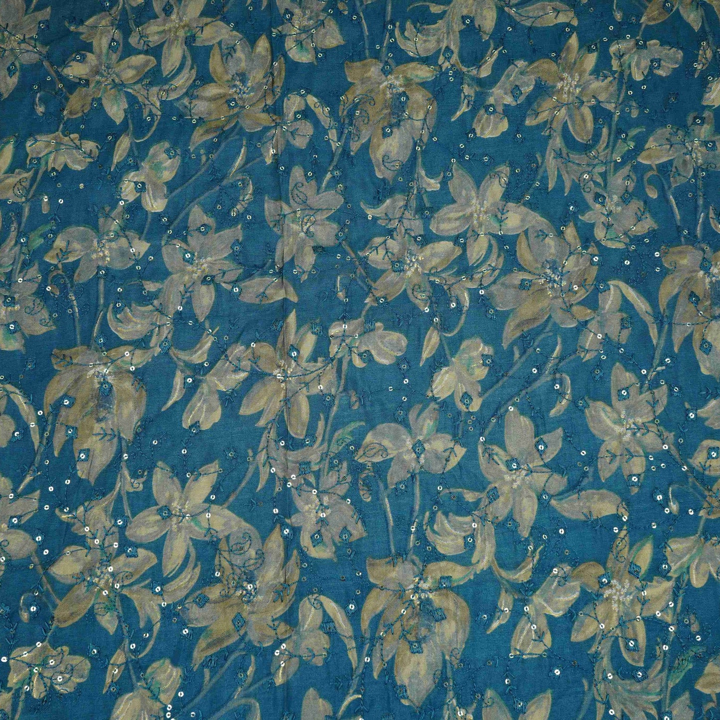 Teal Blue Foil floral embroidery Eri Cotton Silk Fabric MTFG-31061