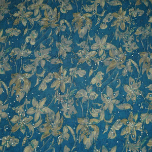 Teal Blue Foil floral embroidery Eri Cotton Silk Fabric MTFG-31061 - TradeUNO