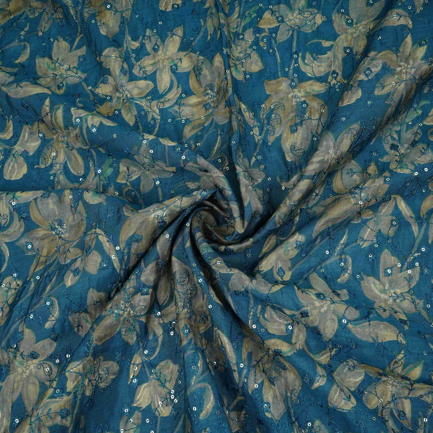 Teal Blue Foil floral embroidery Eri Cotton Silk Fabric MTFG-31061