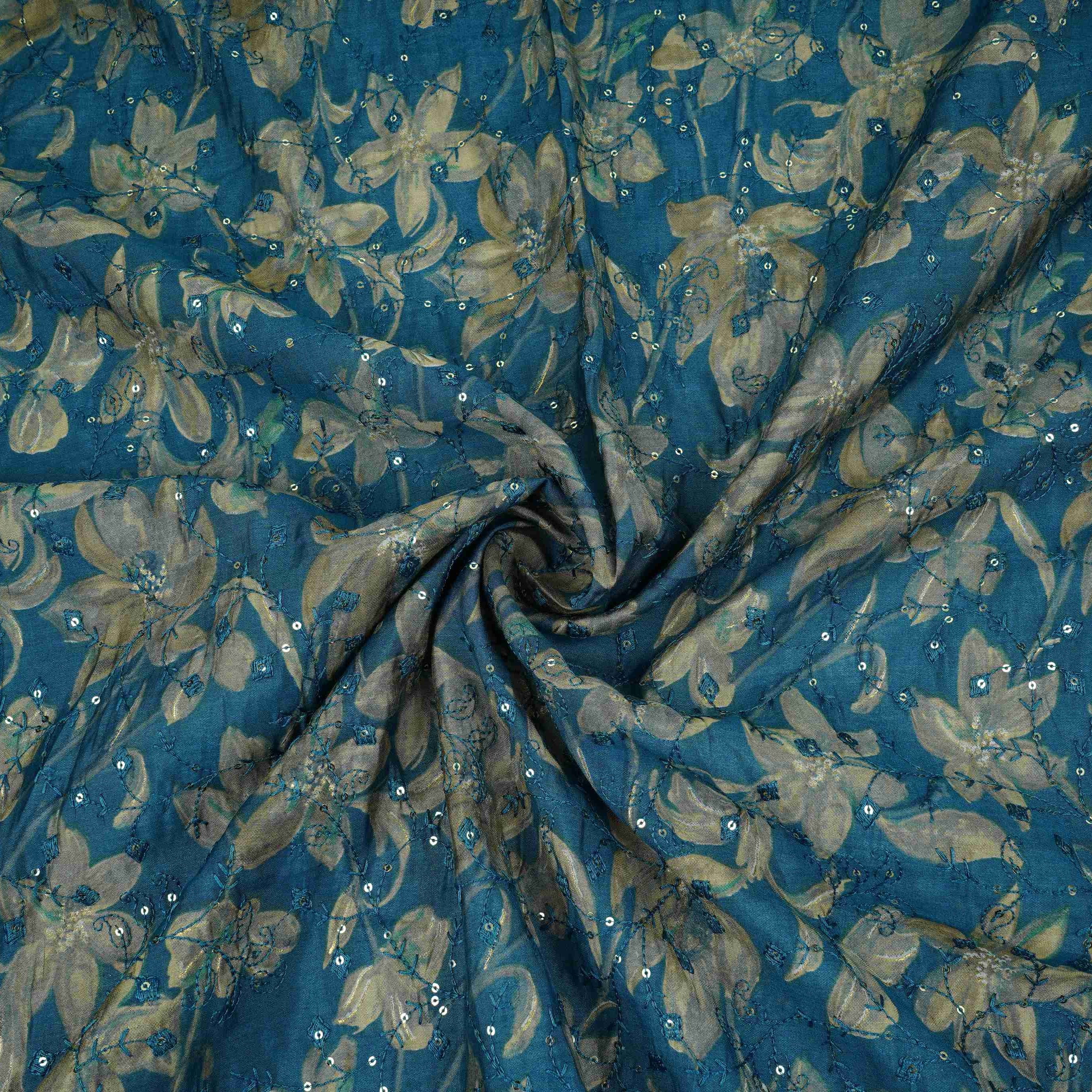 Teal Blue Foil floral embroidery Eri Cotton Silk Fabric MTFG-31061 - TradeUNO