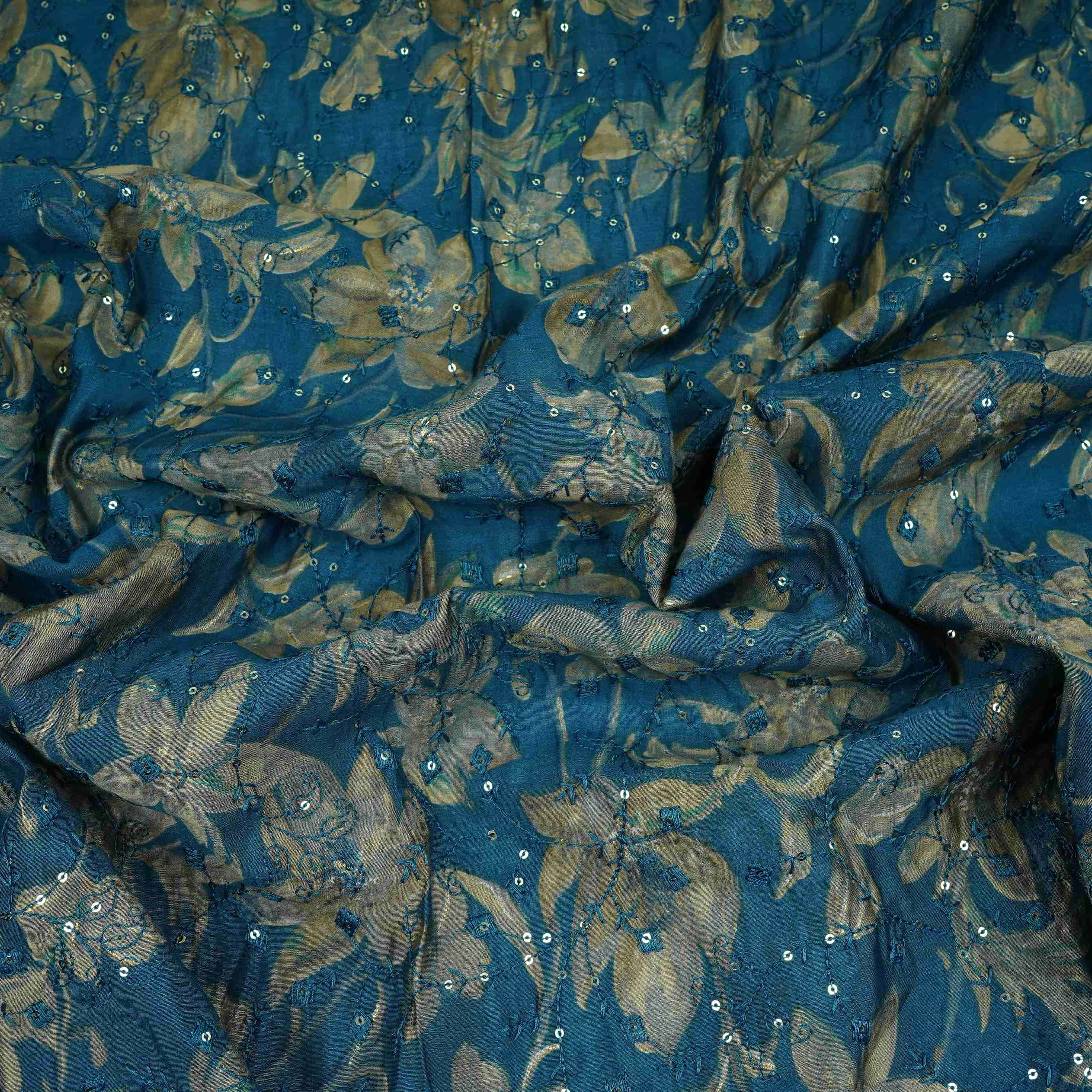 Teal Blue Foil floral embroidery Eri Cotton Silk Fabric MTFG-31061 - TradeUNO