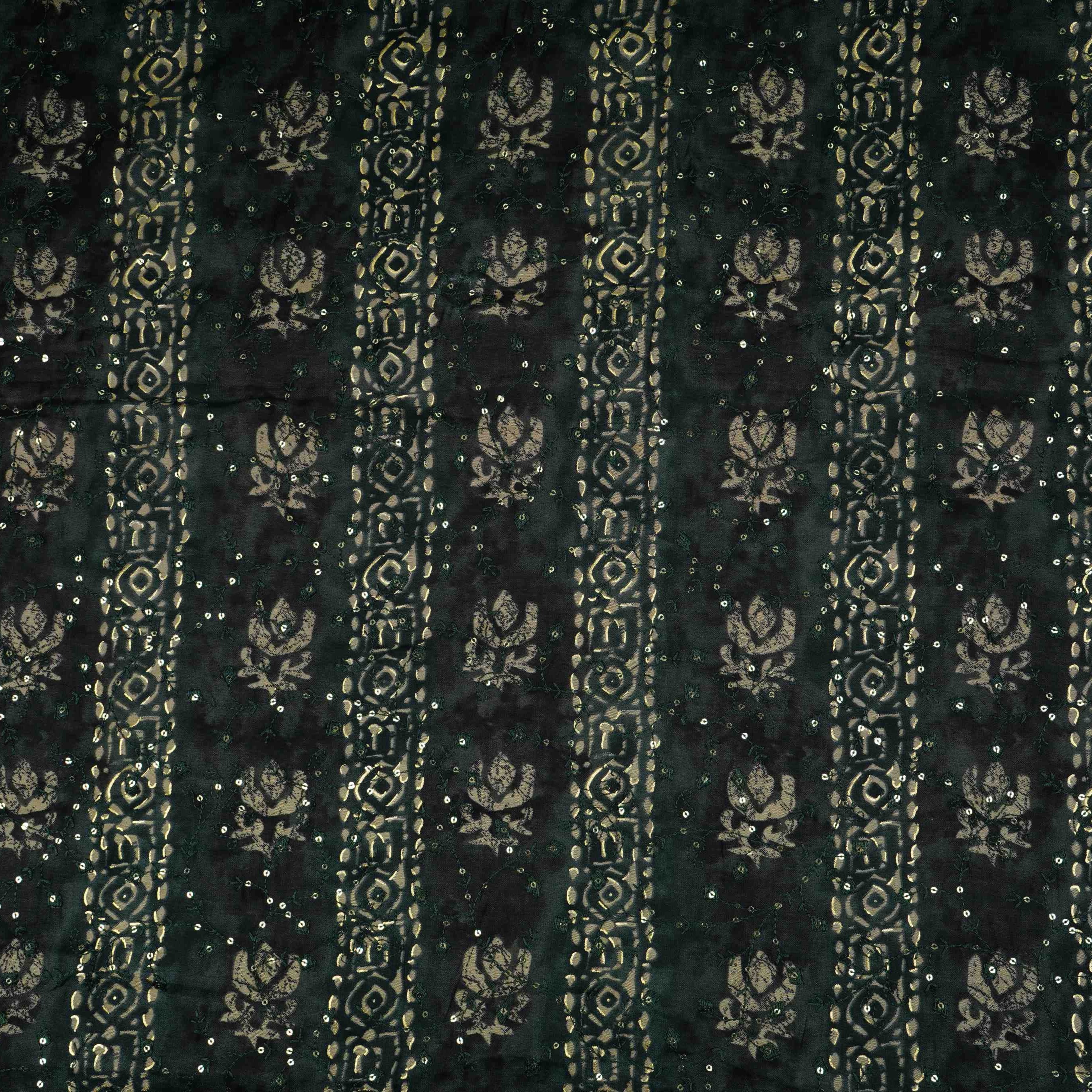 Bottle Green Foil Bagru Stripes embroidery Eri Cotton Silk Fabric MTFG-31059 - TradeUNO