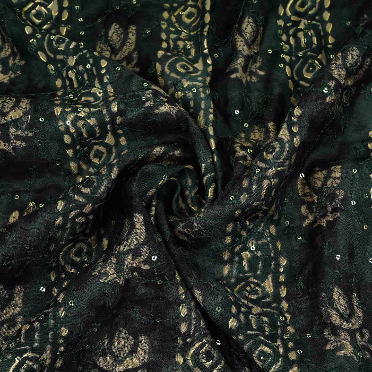 Bottle Green Foil Bagru Stripes embroidery Eri Cotton Silk Fabric MTFG-31059