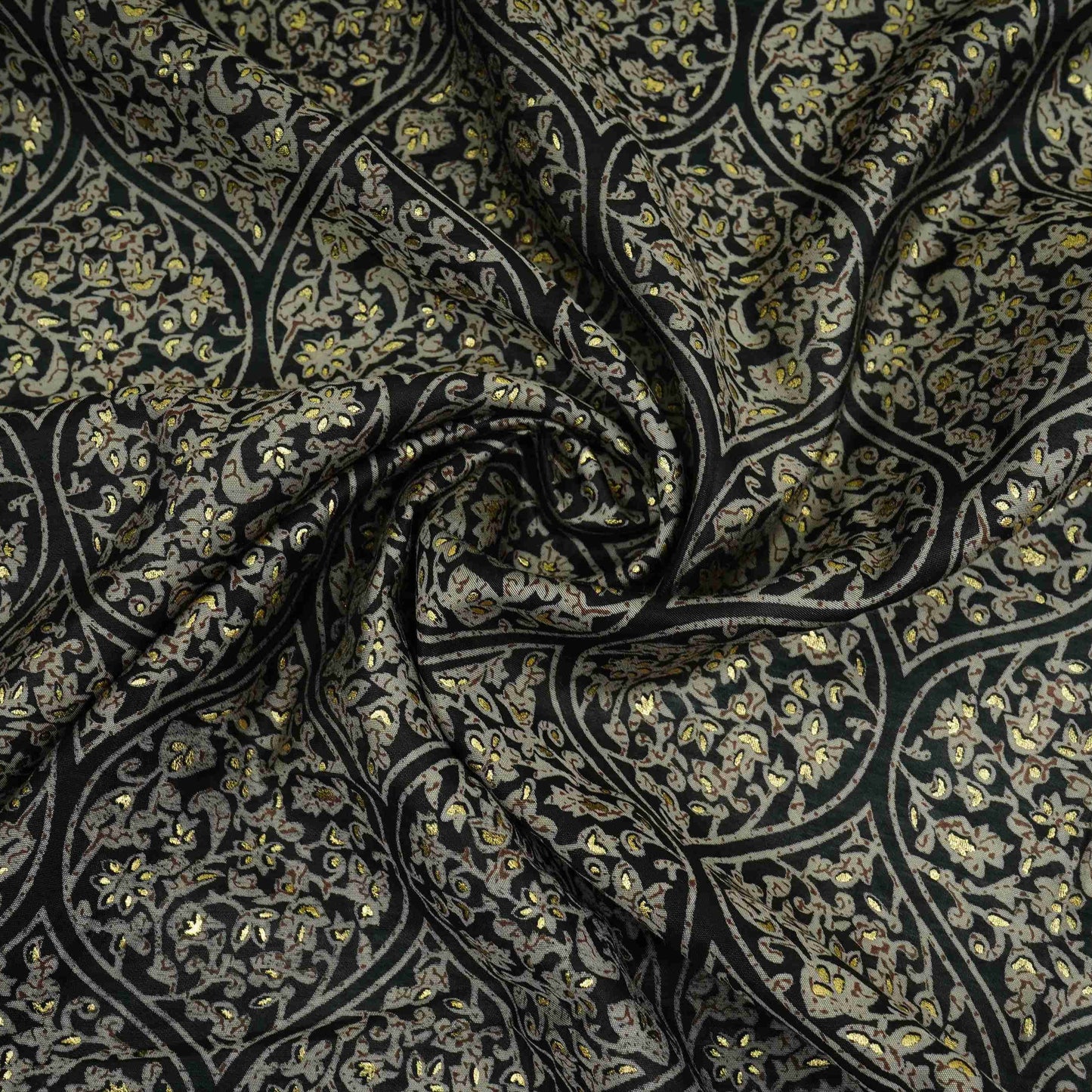 Black Foil floral print Eri Cotton Fabric MTFG-31076