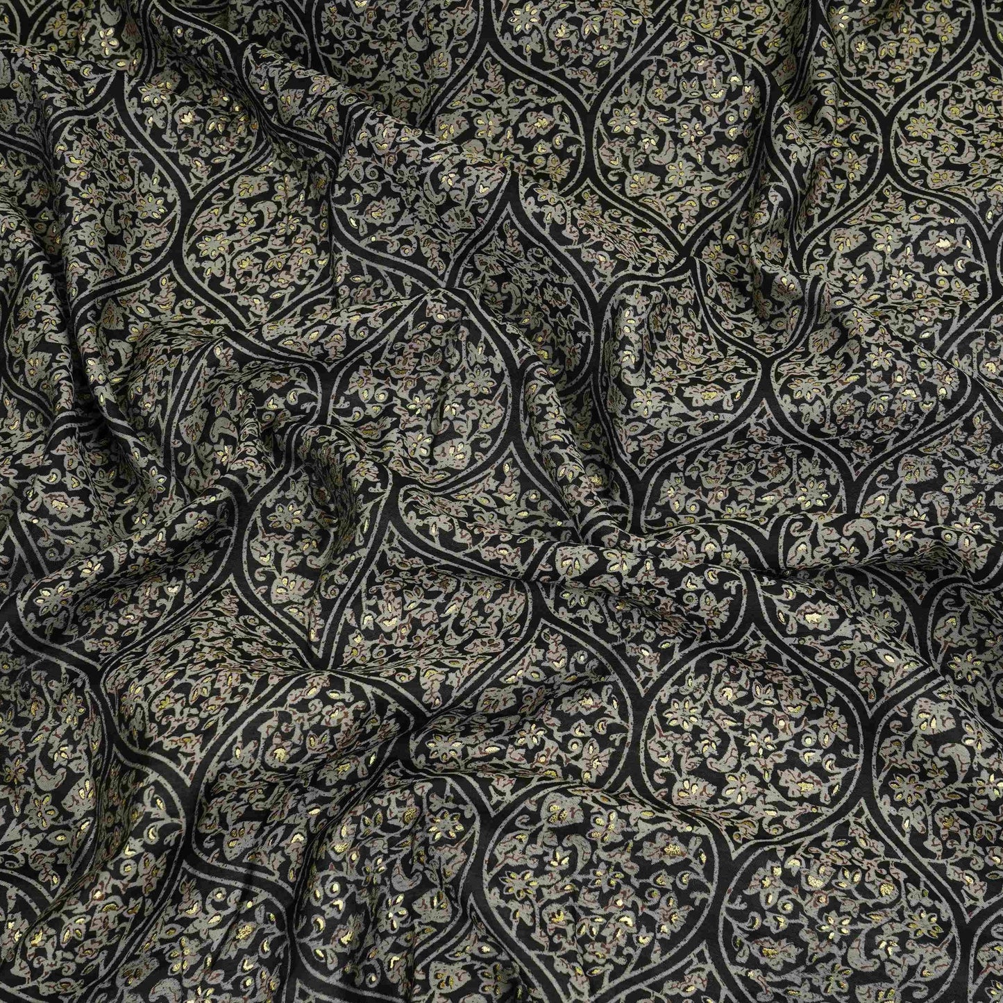Black Foil floral print Eri Cotton Fabric MTFG-31076