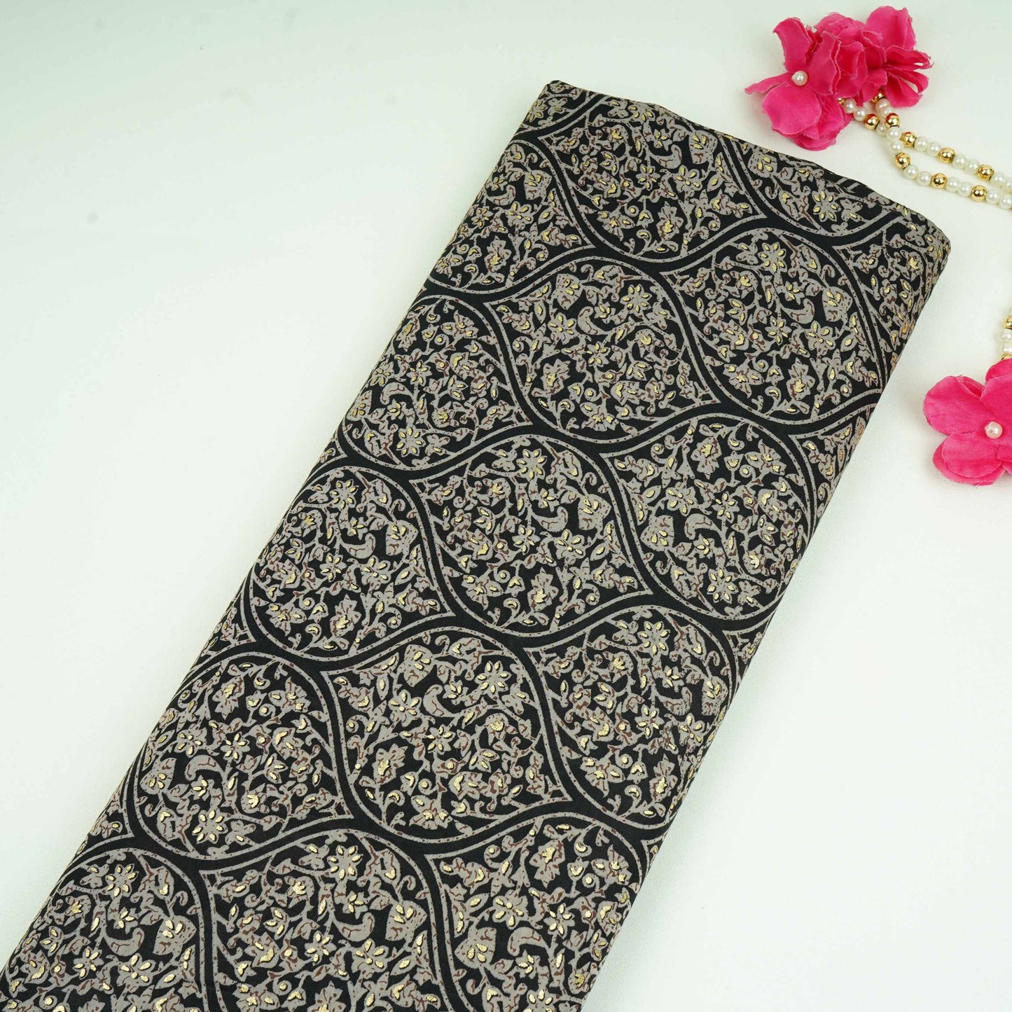 Black Foil floral print Eri Cotton Fabric MTFG-31076