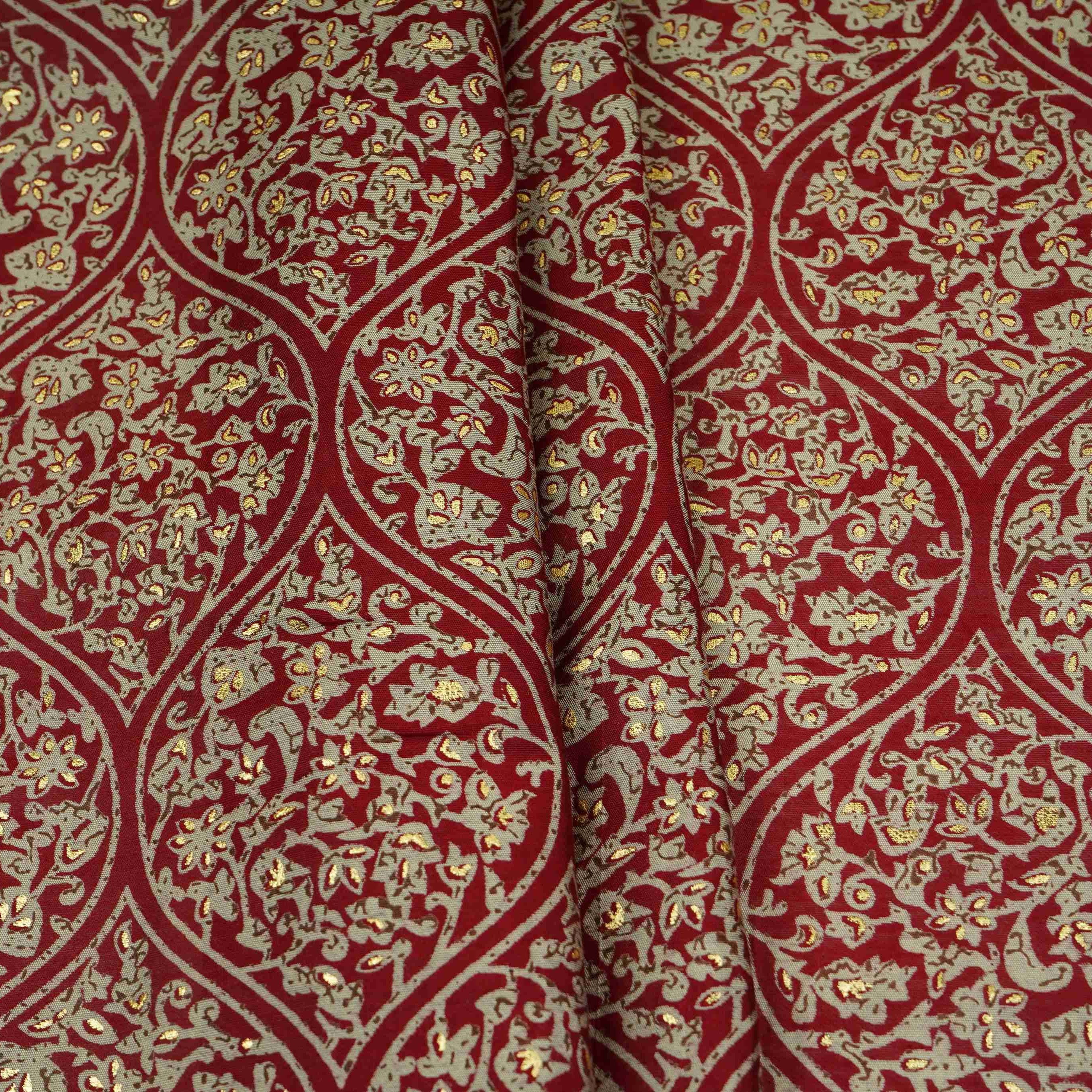 Maroon Foil floral print Eri Cotton Fabric MTFG-31071 - TradeUNO