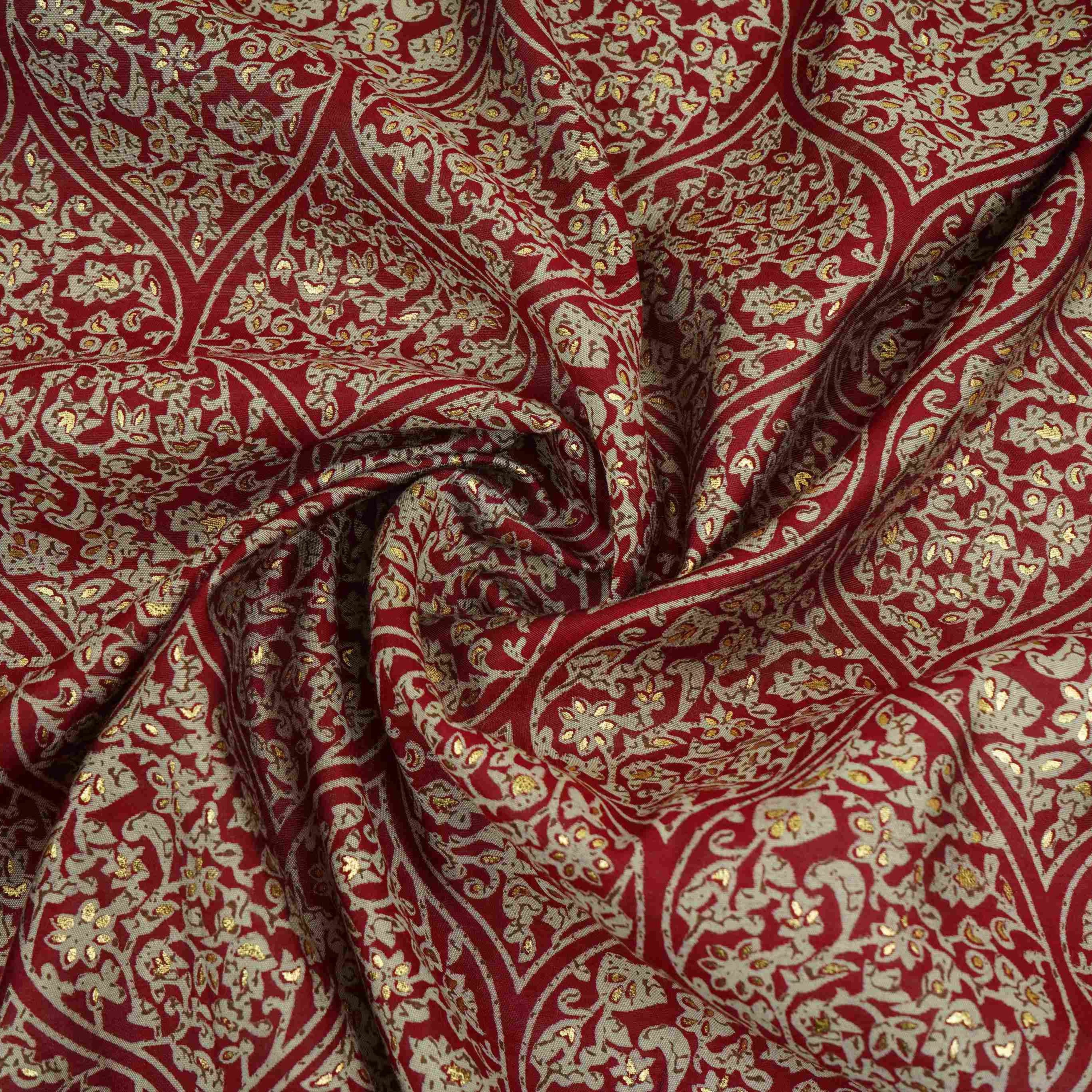 Maroon Foil floral print Eri Cotton Fabric MTFG-31071 - TradeUNO