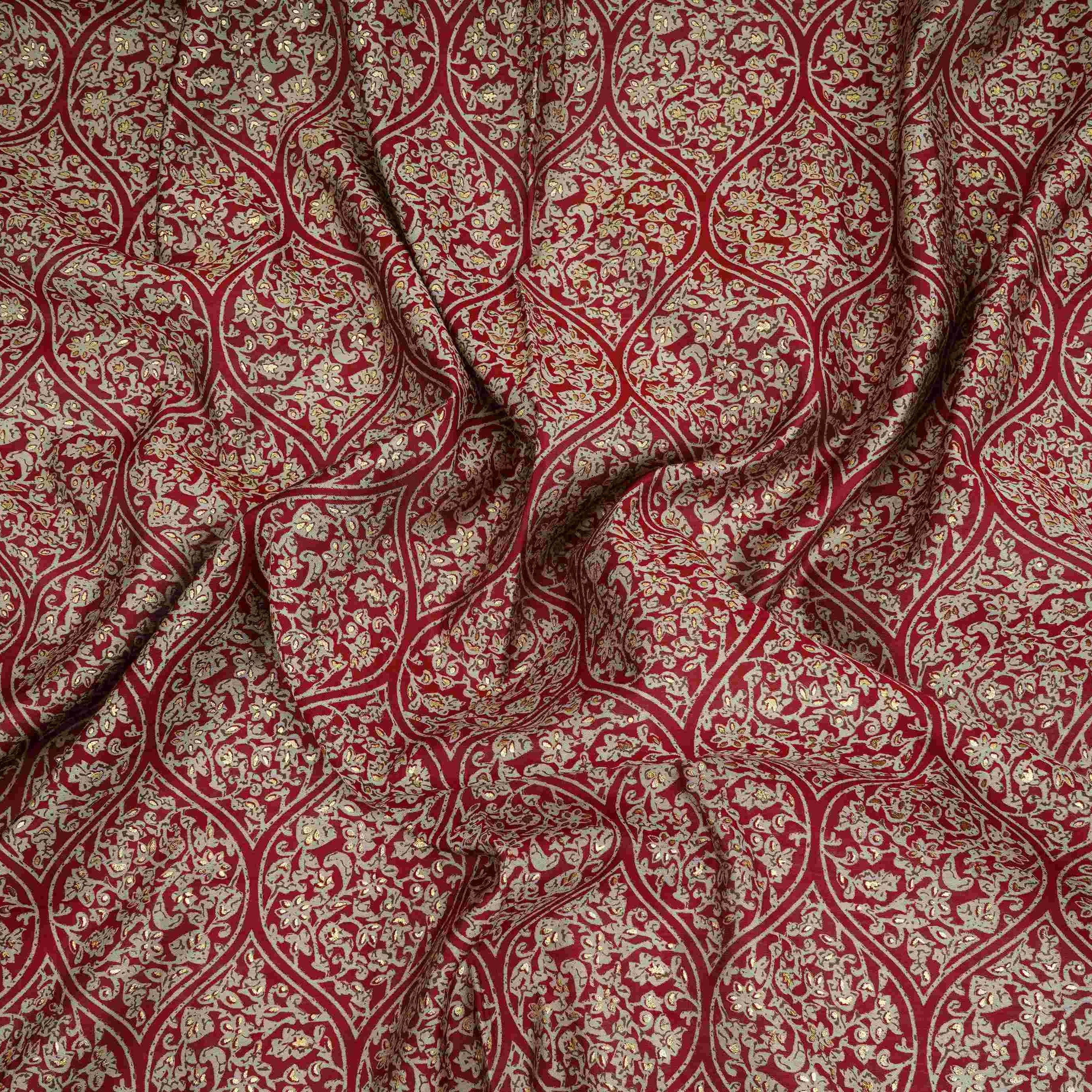 Maroon Foil floral print Eri Cotton Fabric MTFG-31071 - TradeUNO