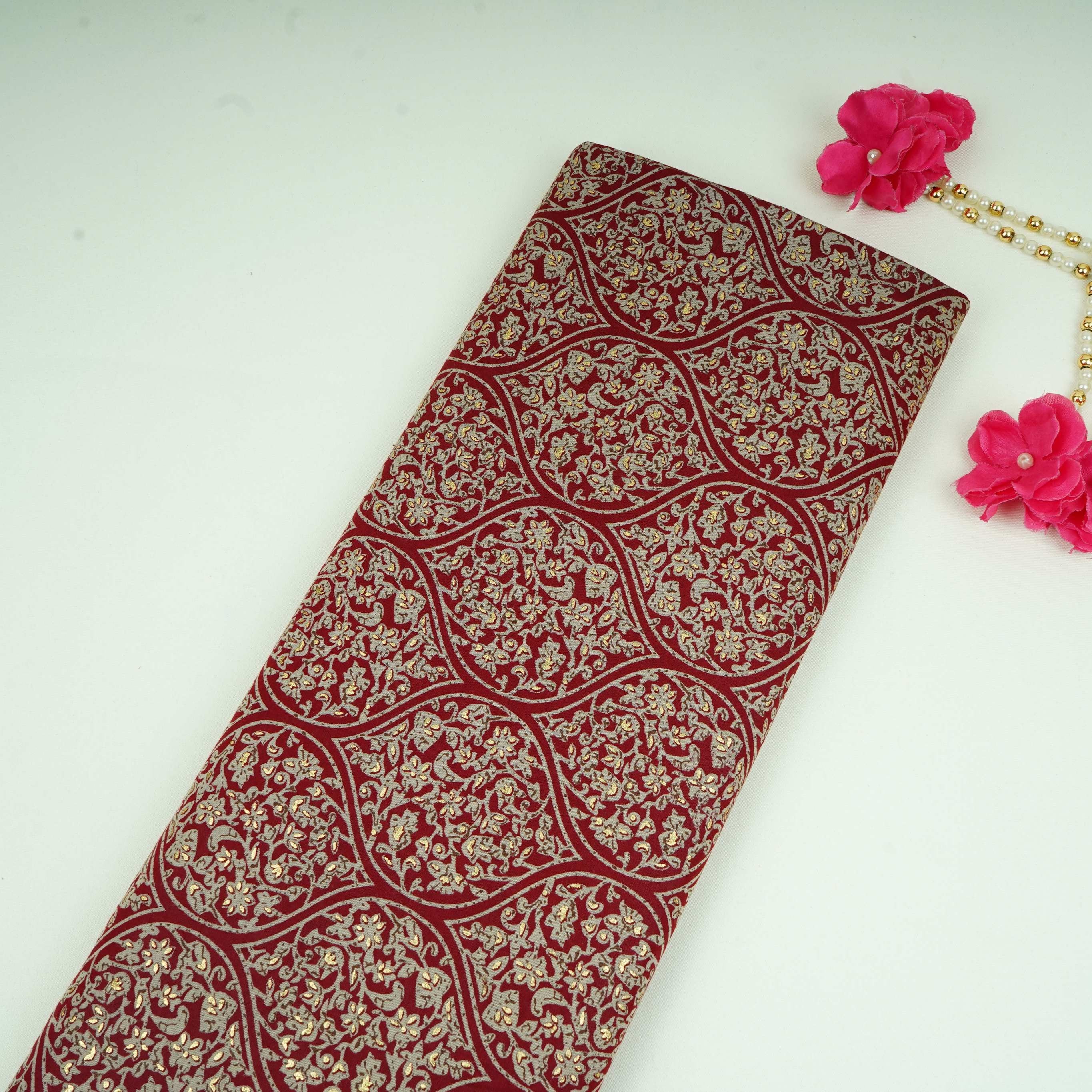 Maroon Foil floral print Eri Cotton Fabric MTFG-31071 - TradeUNO