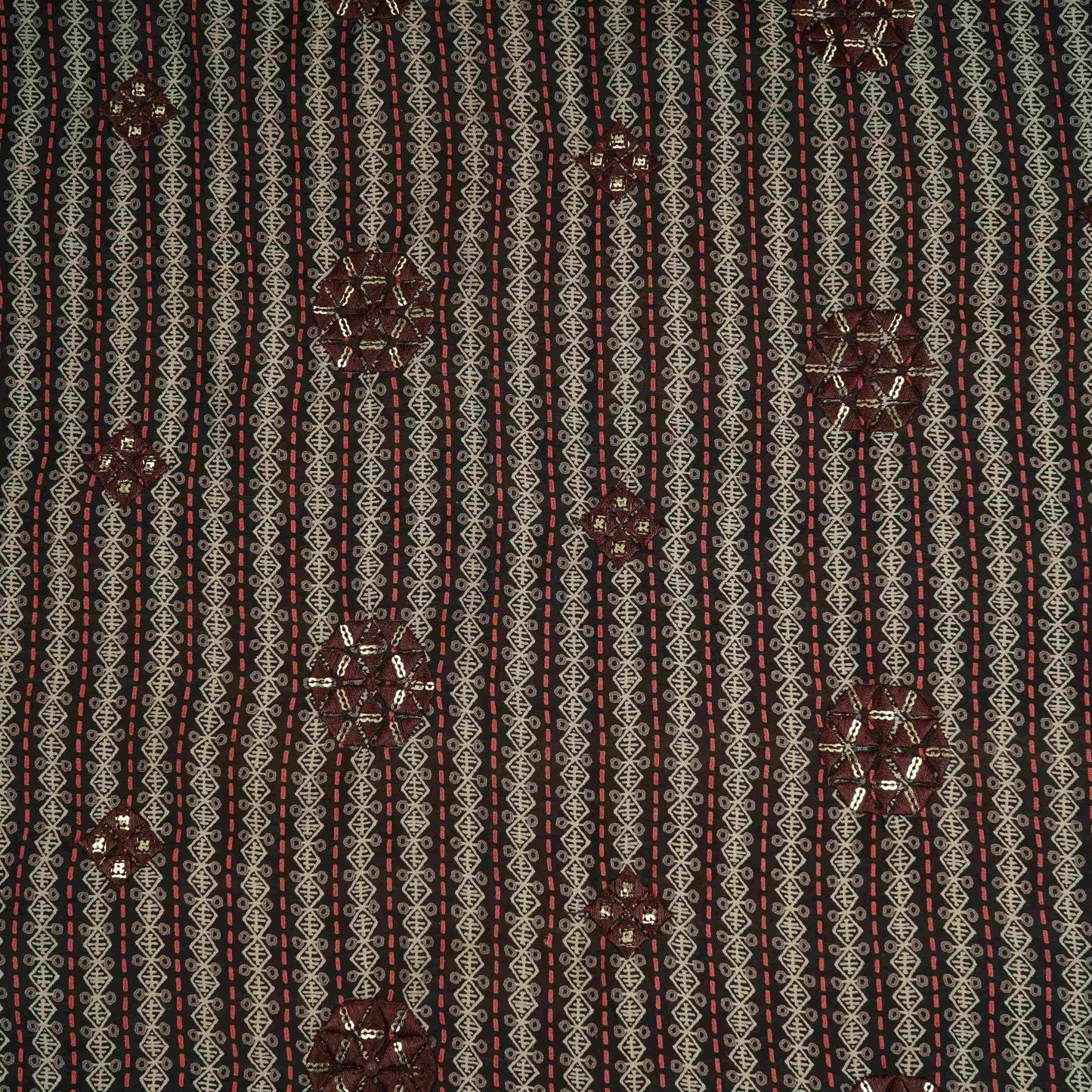 Charcoal Brown Geometrical Stripes Eri Cotton Silk Fabric MTFG-31054