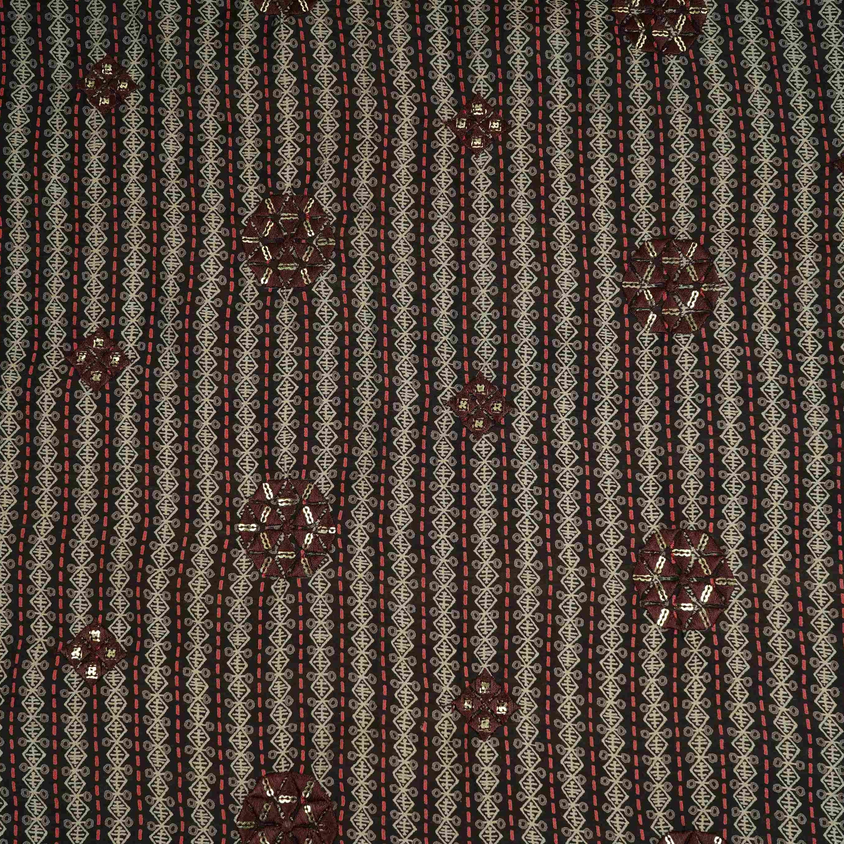 Charcoal Brown Geometrical Stripes Eri Cotton Silk Fabric MTFG-31054 - TradeUNO