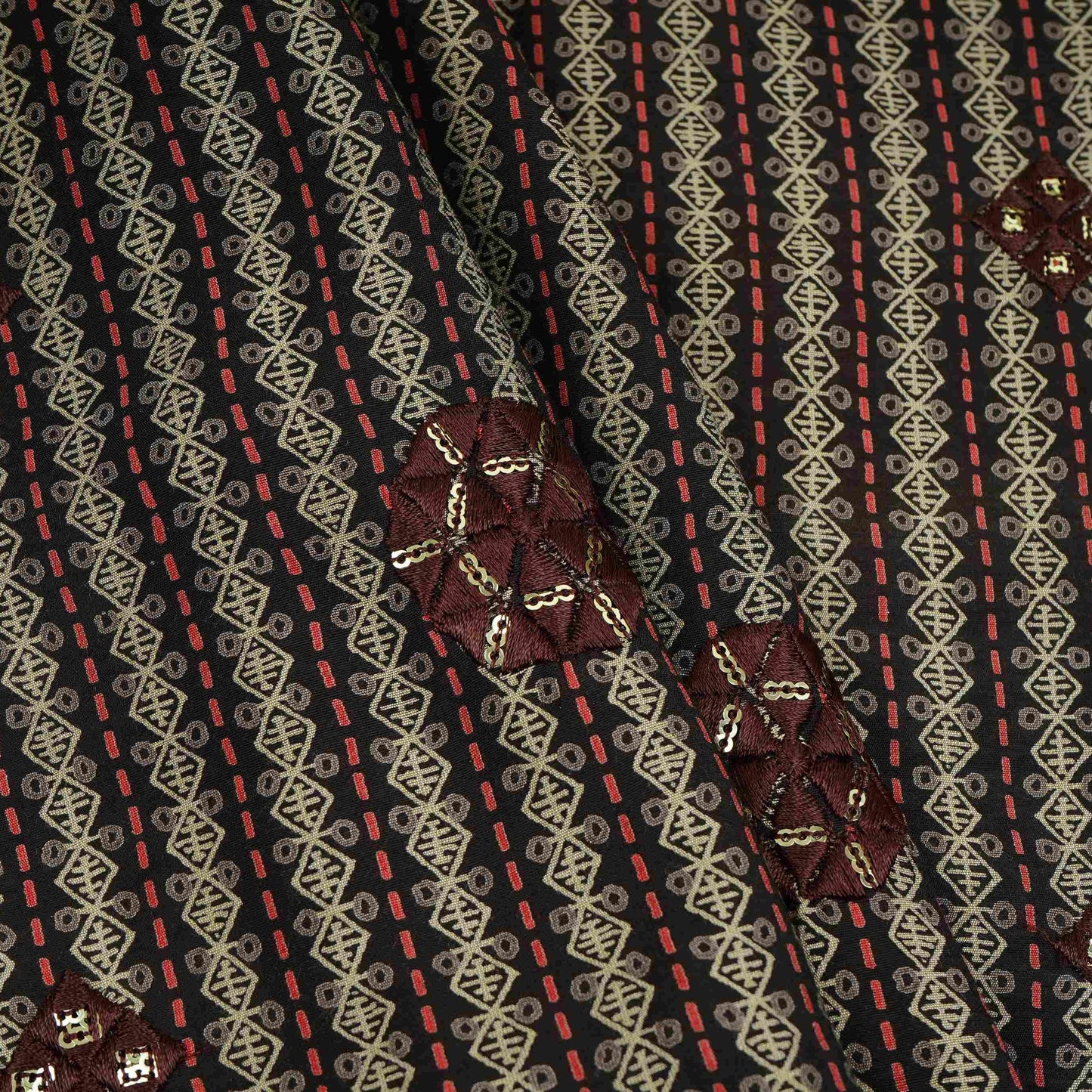 Charcoal Brown Geometrical Stripes Eri Cotton Silk Fabric MTFG-31054