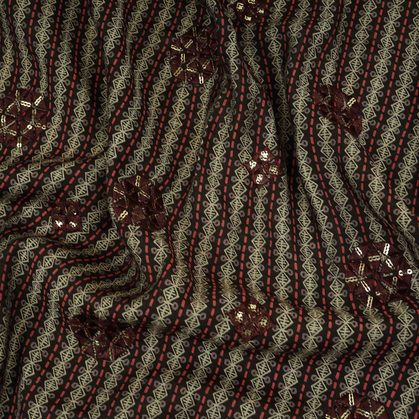 Charcoal Brown Geometrical Stripes Eri Cotton Silk Fabric MTFG-31054
