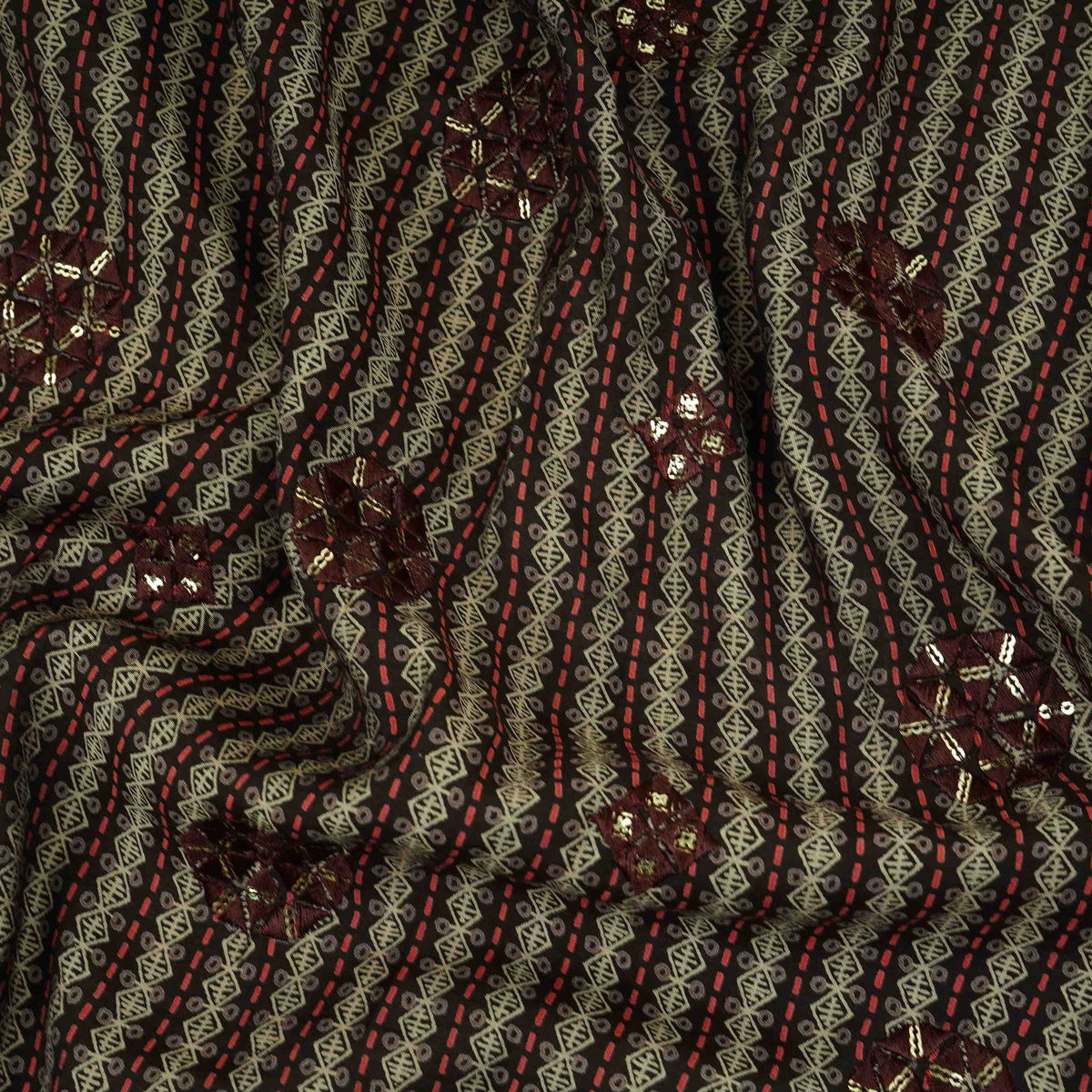 Charcoal Brown Geometrical Stripes Eri Cotton Silk Fabric MTFG-31054 - TradeUNO