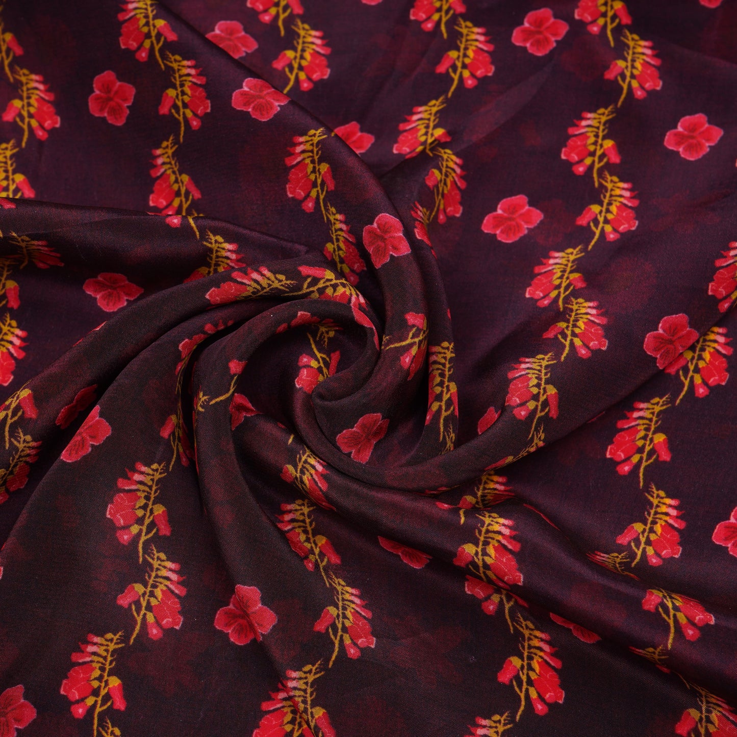 Wine Floral Print Natural Crepe Fabric 21256