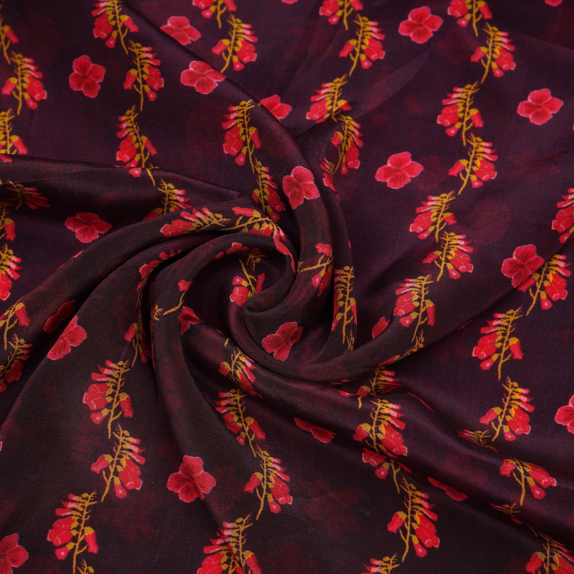 Wine Floral Print Natural Crepe Fabric 21256