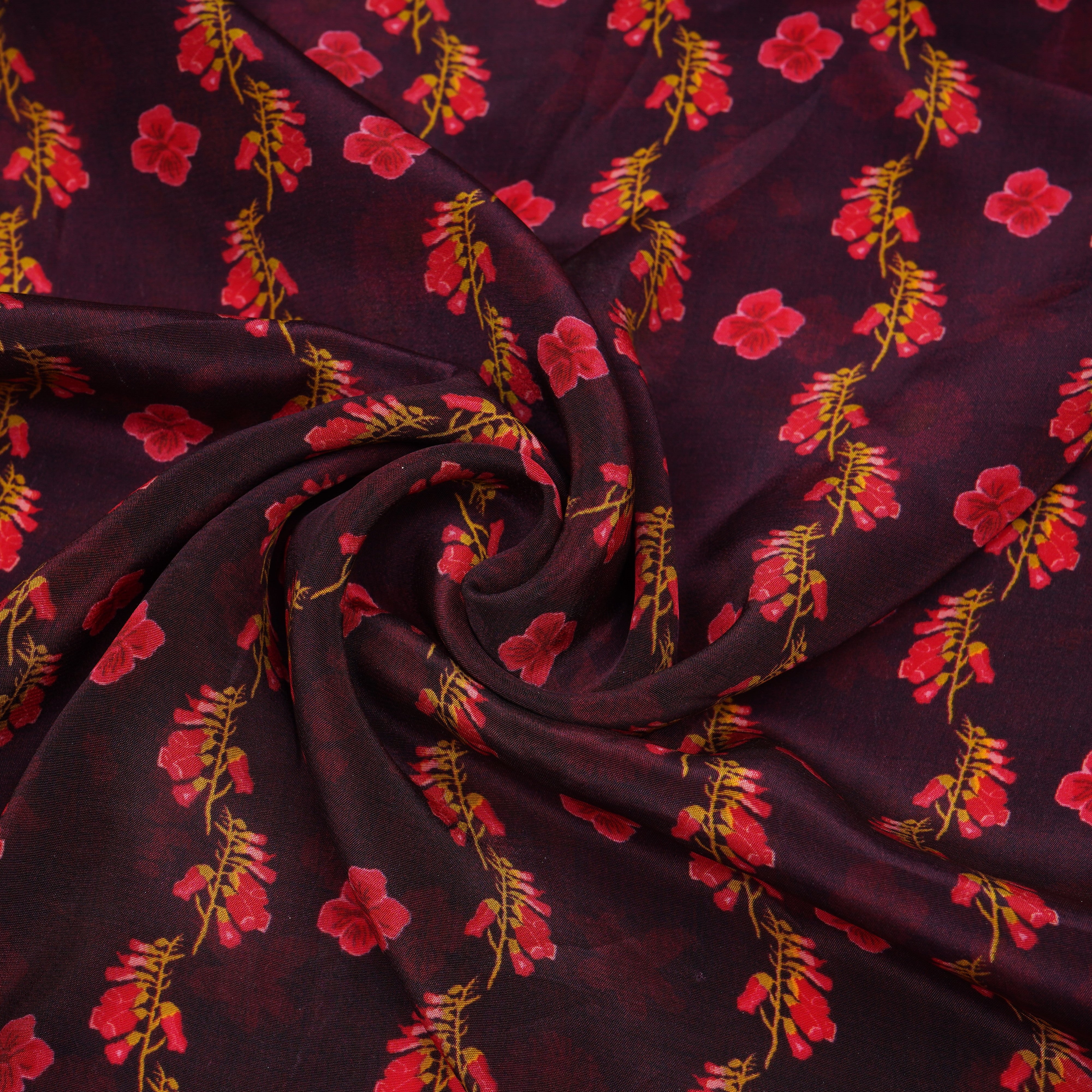 Wine Floral Print Natural Crepe Fabric 21256
