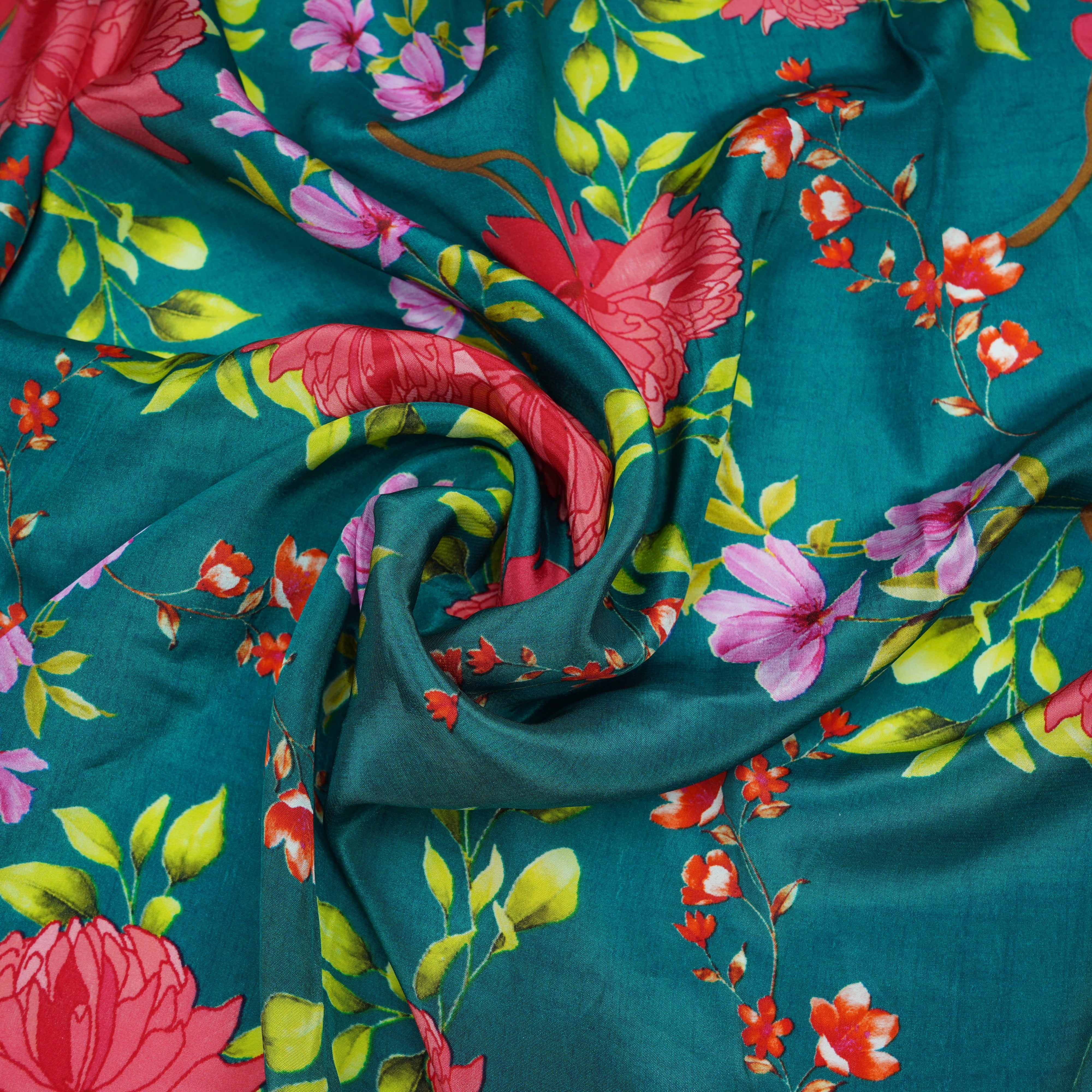 Bottle Green Floral Print Natural Crepe Fabric 21250
