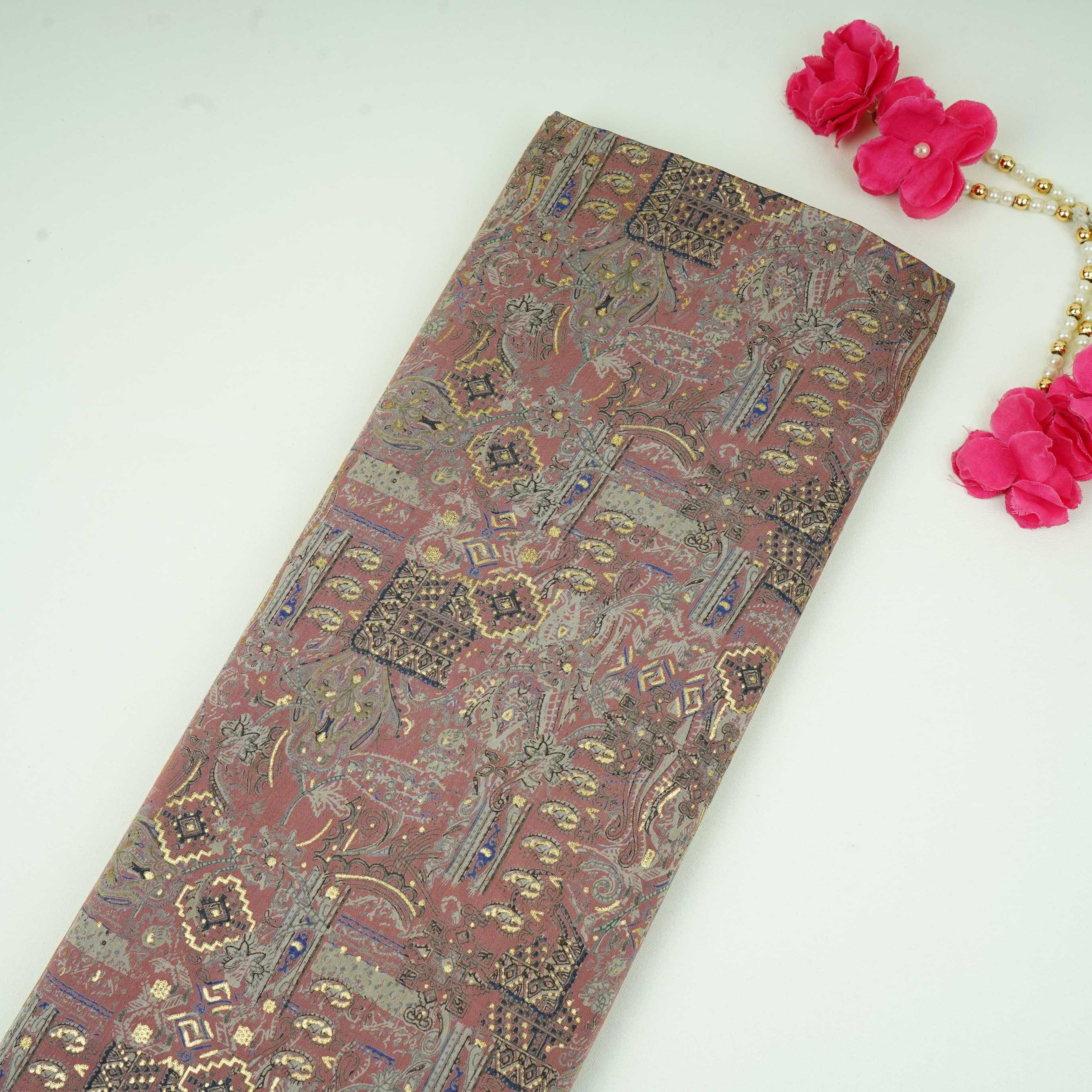 Mauve Pink Foil Traditional print Eri Cotton Fabric MTFG-31070 - TradeUNO