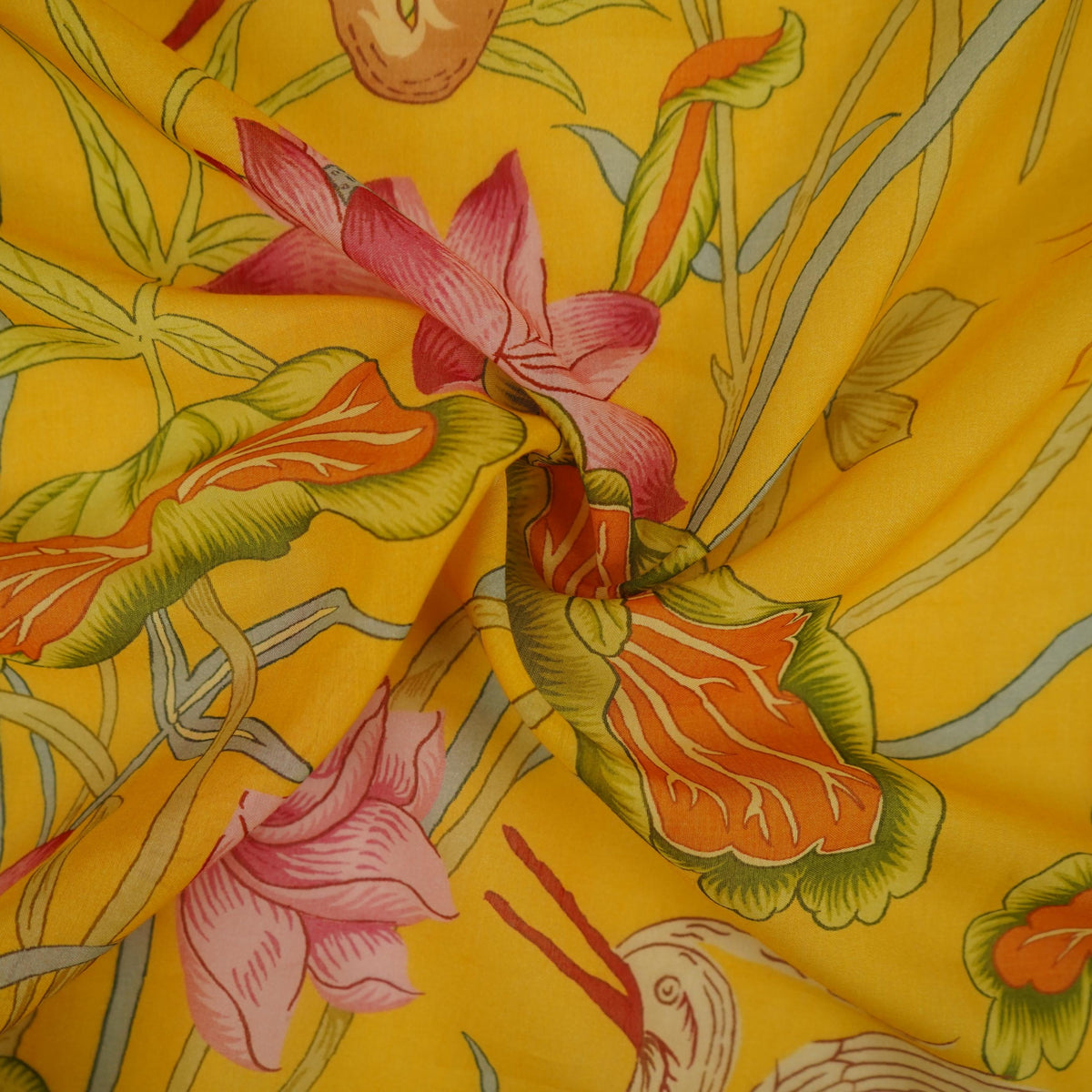 Mustard Yellow floral print Mul Chanderi Fabric VF-31342 - TradeUNO