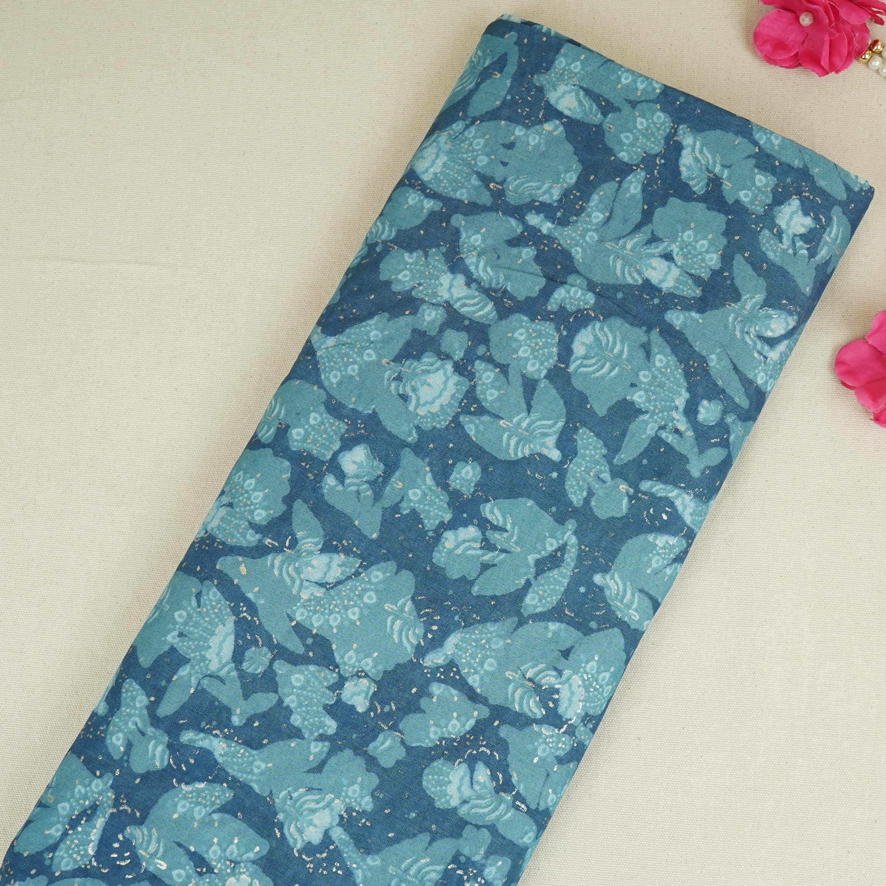 Blue with Multicolor Dabu Foil Print Cotton Fabric NC-29646 - TradeUNO