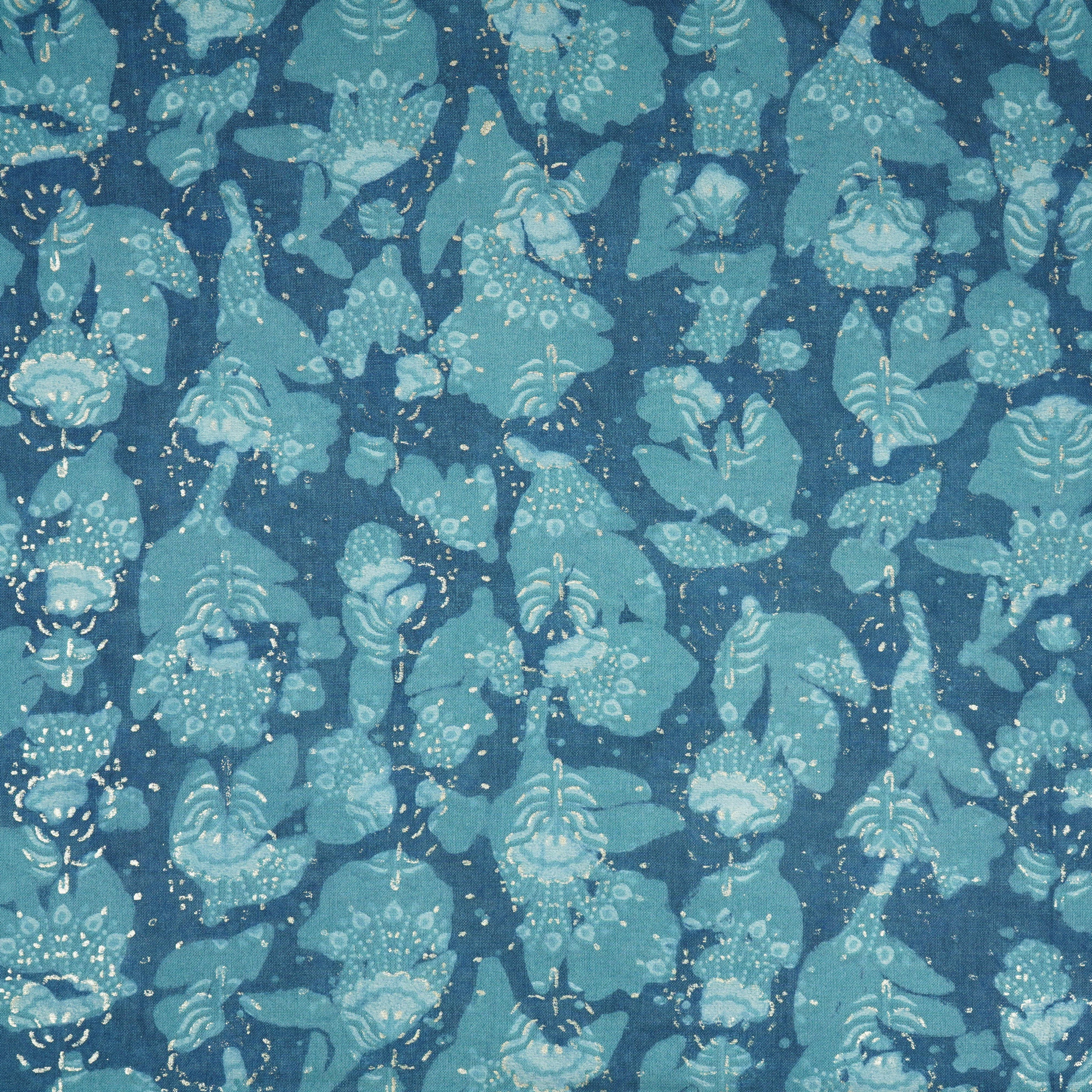 Blue with Multicolor Dabu Foil Print Cotton Fabric NC-29646 - TradeUNO