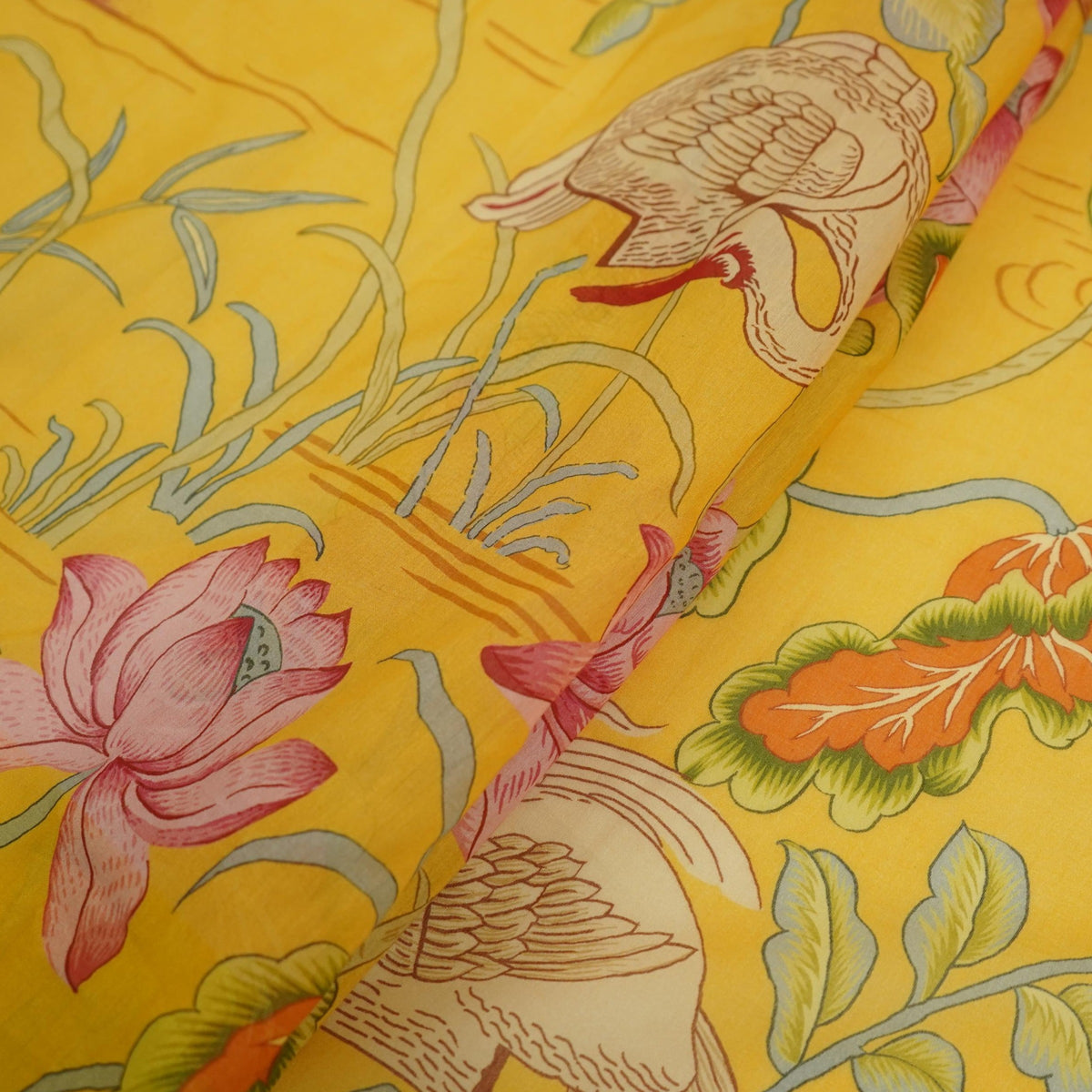 Mustard Yellow floral print Mul Chanderi Fabric VF-31342 - TradeUNO