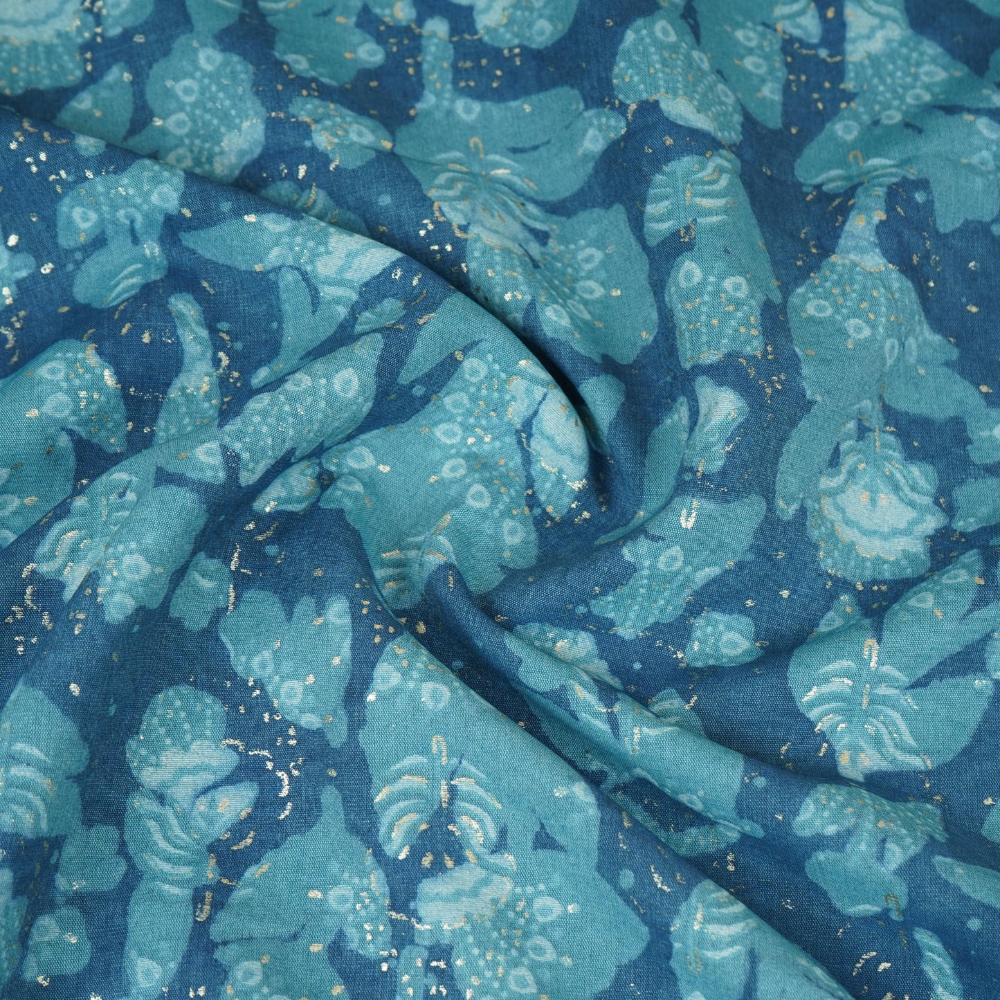 Blue with Multicolor Dabu Foil Print Cotton Fabric NC-29646