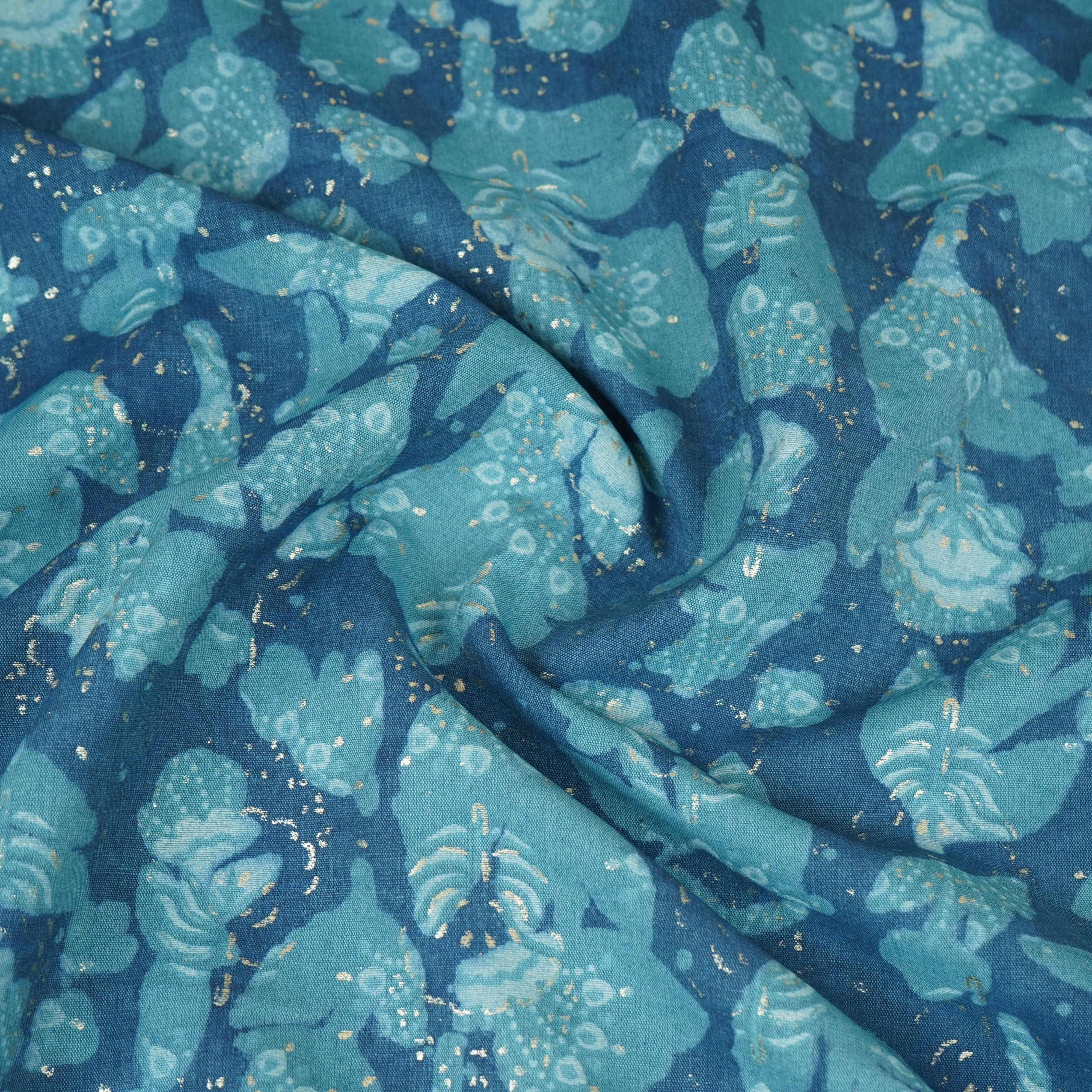 Blue with Multicolor Dabu Foil Print Cotton Fabric NC-29646 - TradeUNO
