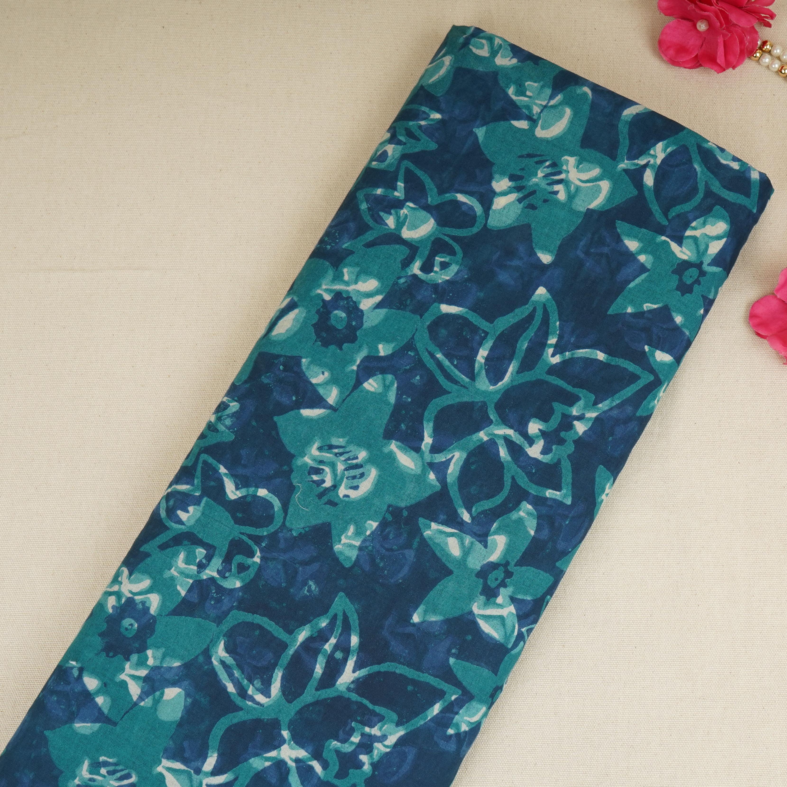 Blue with Multicolor Dabu Print Cotton Fabric NC-29664 - TradeUNO