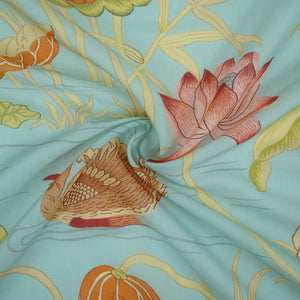 Aqua Blue floral print Mul Chanderi Fabric VF-31341 - TradeUNO
