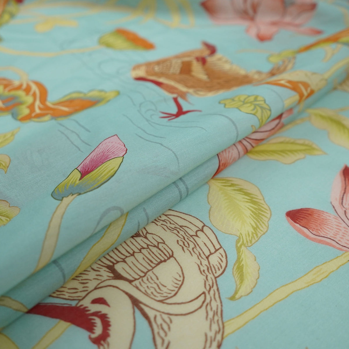 Aqua Blue floral print Mul Chanderi Fabric VF-31341 - TradeUNO